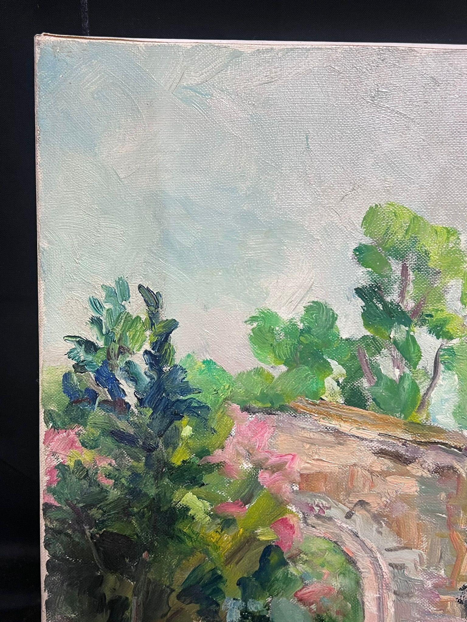 Mid 20th Cent French Post-Impressionist Oil Old Fortress Chateau Flower Gardens - Gray Figurative Painting by Regine David