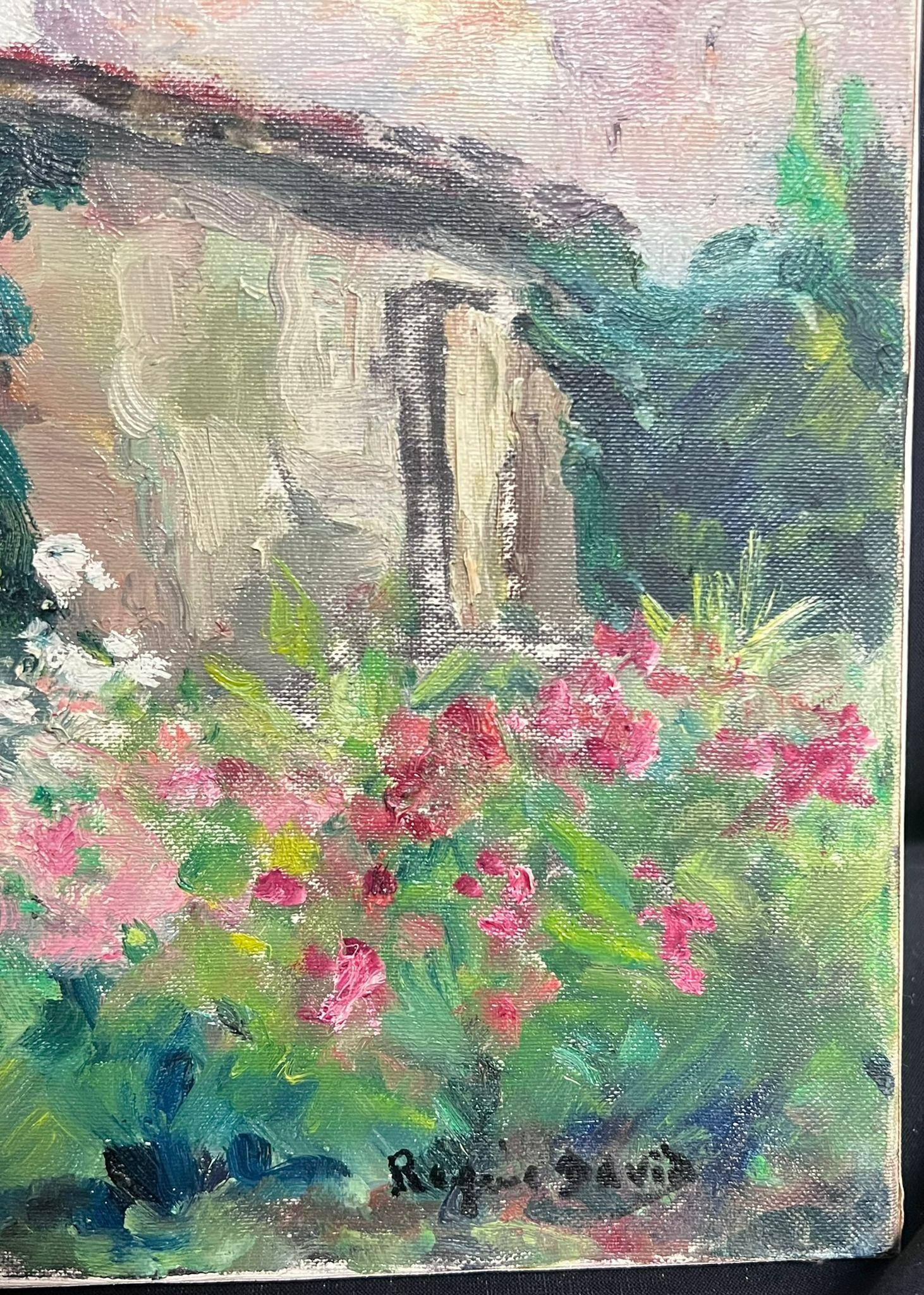 Mid 20th Cent French Post-Impressionist Oil Old Fortress Chateau Flower Gardens For Sale 1