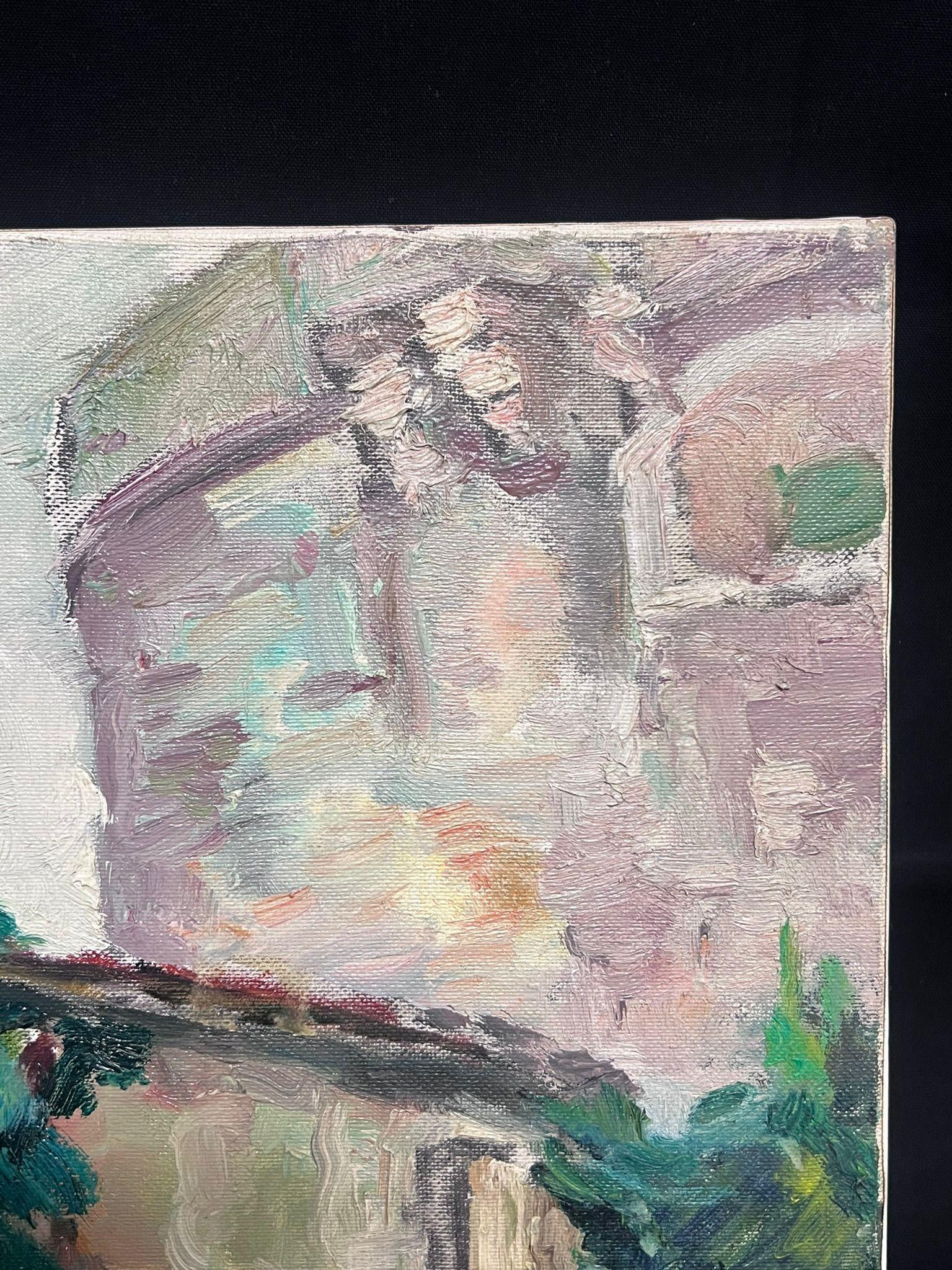 Mid 20th Cent French Post-Impressionist Oil Old Fortress Chateau Flower Gardens For Sale 2