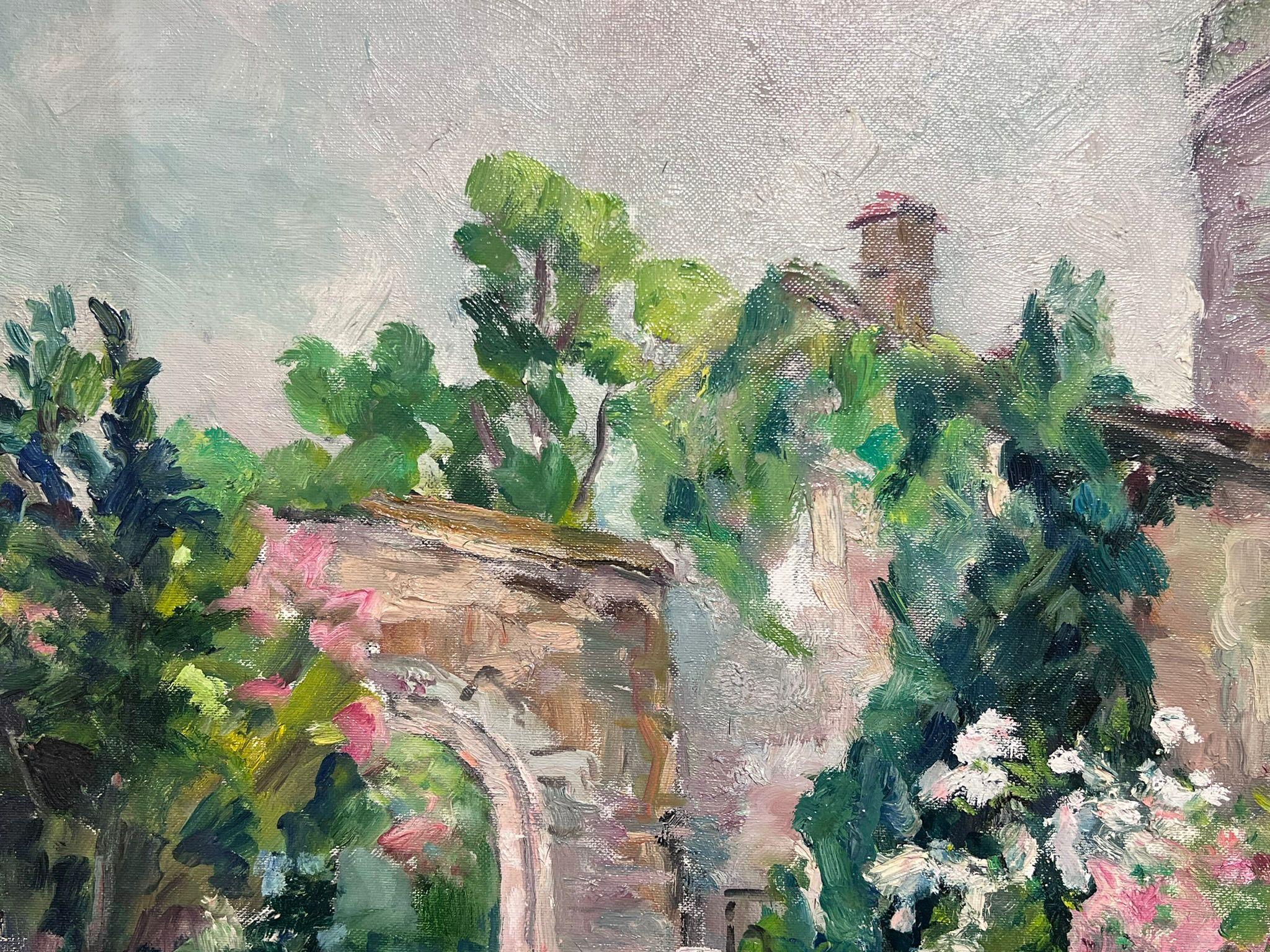 Mid 20th Cent French Post-Impressionist Oil Old Fortress Chateau Flower Gardens For Sale 3