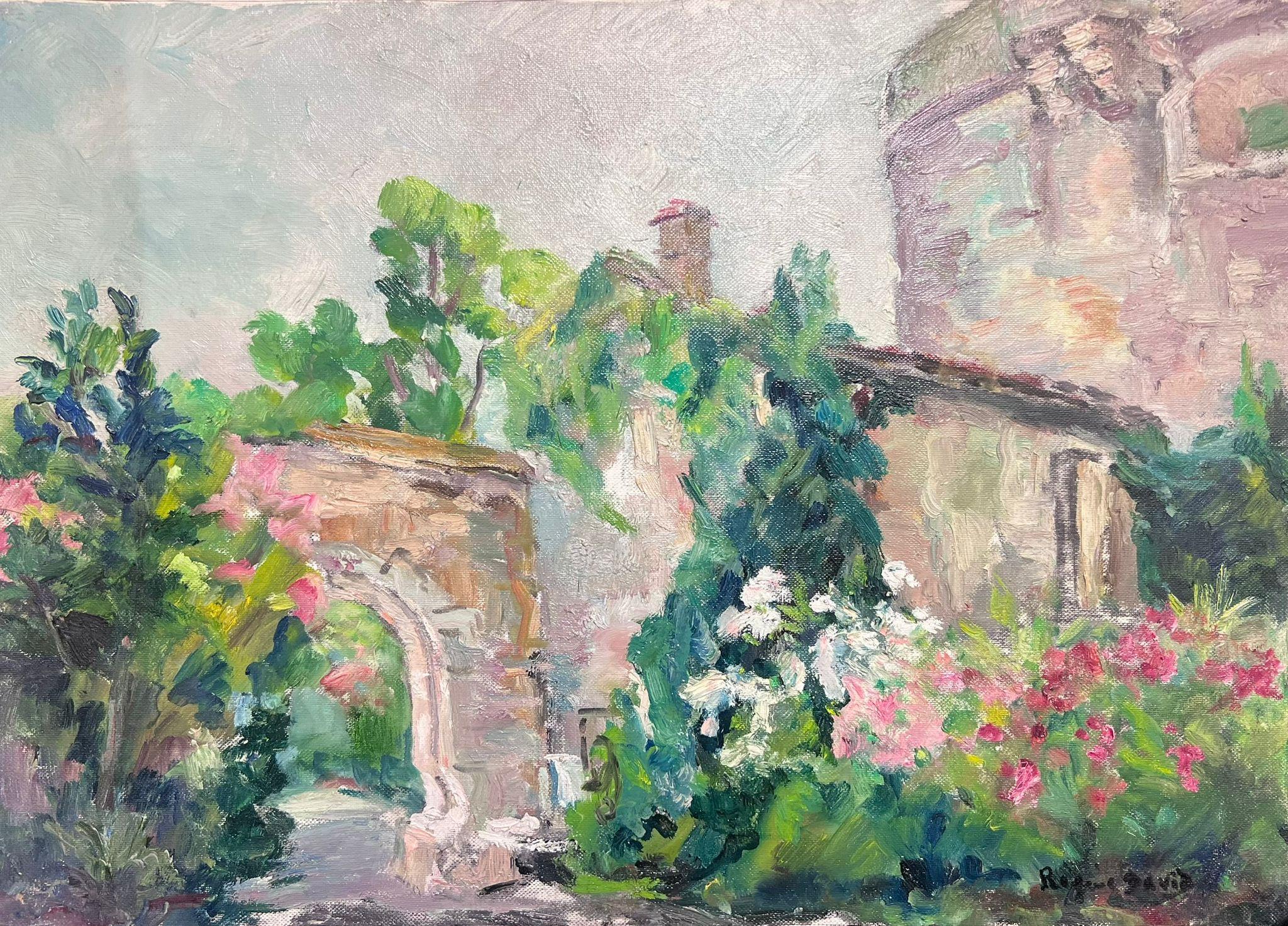 Regine David Figurative Painting - Mid 20th Cent French Post-Impressionist Oil Old Fortress Chateau Flower Gardens