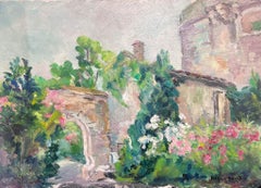 Mid 20th Cent French Post-Impressionist Oil Old Fortress Chateau Flower Gardens