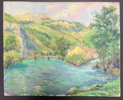 Mid 20th Century 1950's French Impressionist Oil Green River Landscape Valley