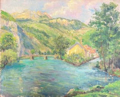 Mid 20th Century 1950
s French Impressionist Oil Green River Landscape Valley