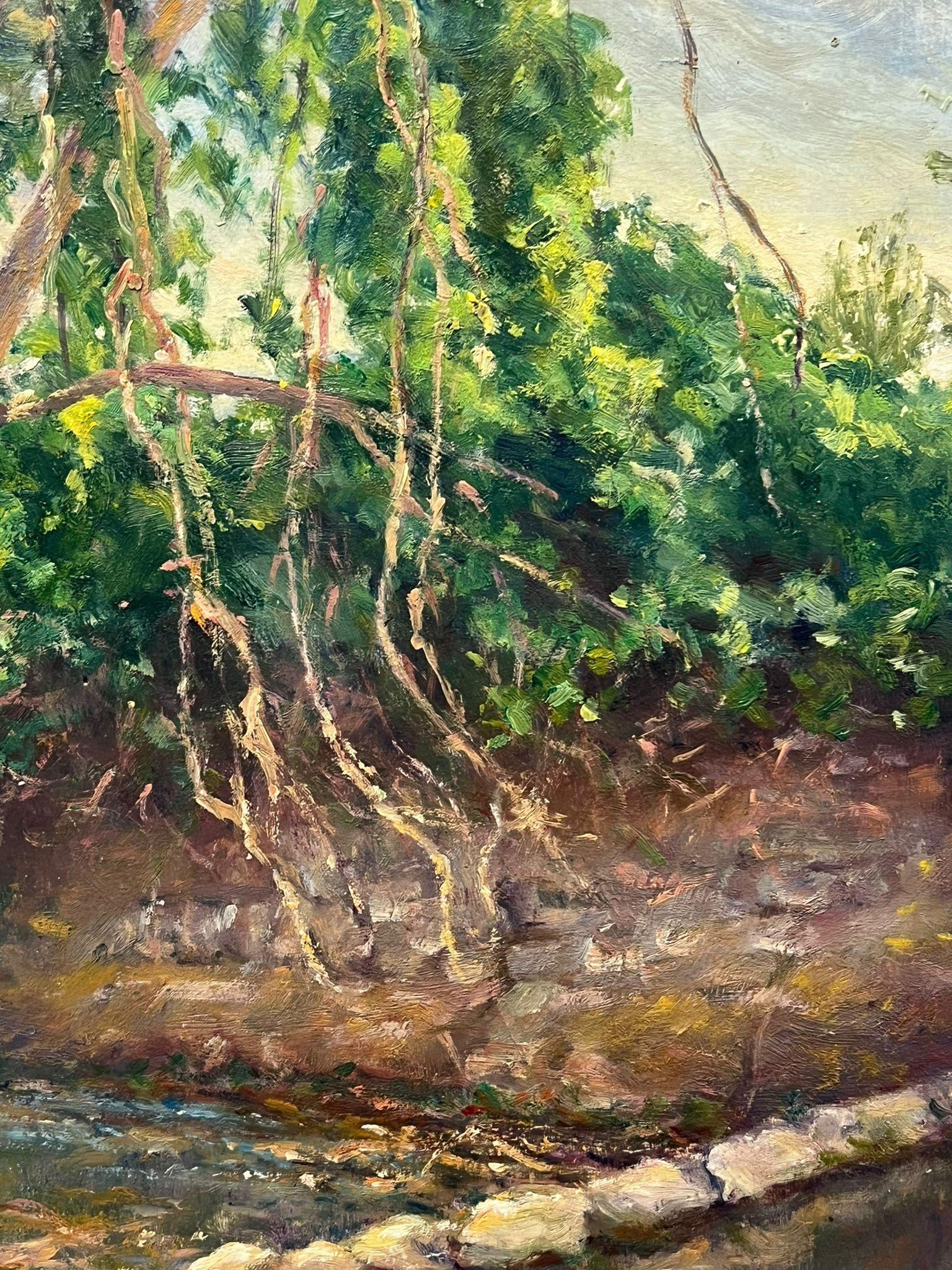 Mid 20th Century 1950's French Impressionist Oil Woodland River Bank - Gray Landscape Painting by Regine David