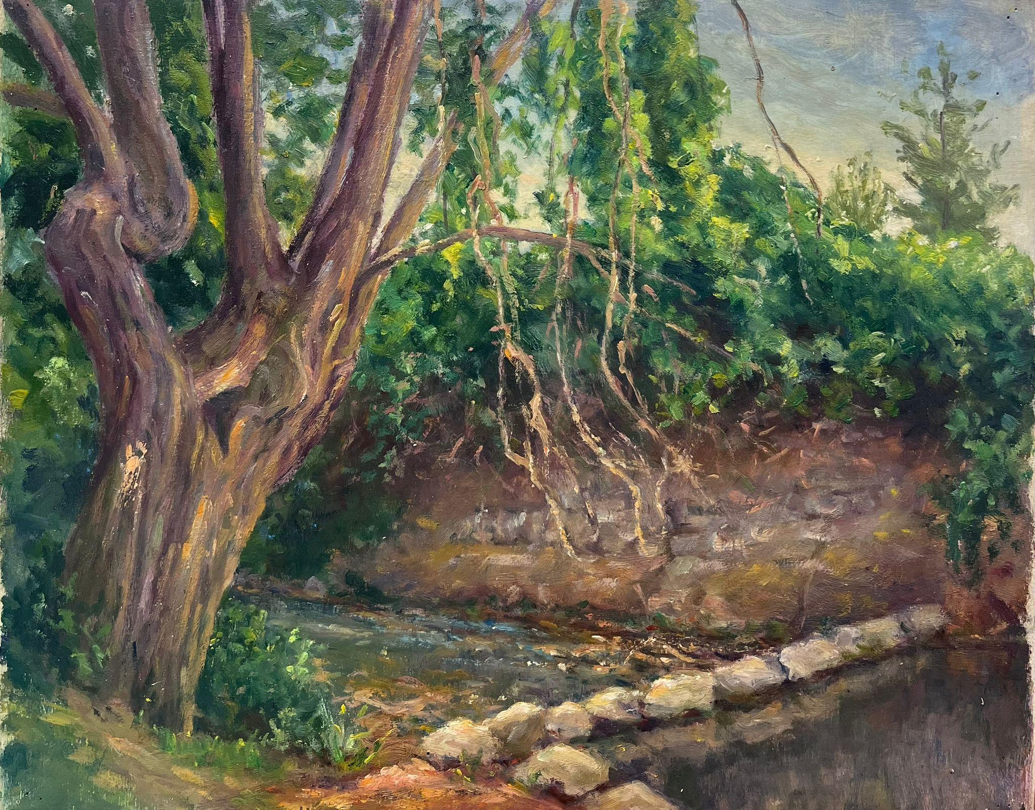 Regine David Landscape Painting - Mid 20th Century 1950's French Impressionist Oil Woodland River Bank