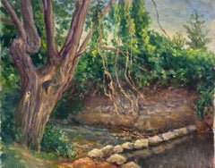 Mid 20th Century 1950's French Impressionist Oil Woodland River Bank