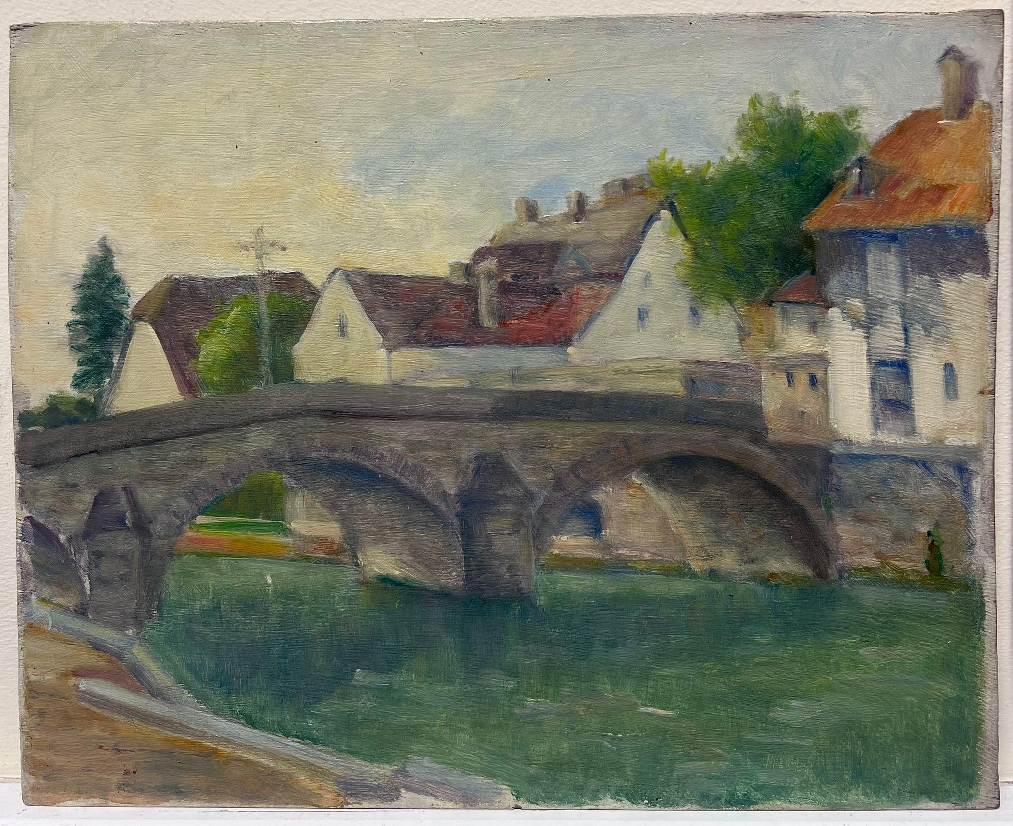 Mid 20th Century 1950's French Oil Old French Town with Arched Stone Bridge - Painting by Regine David