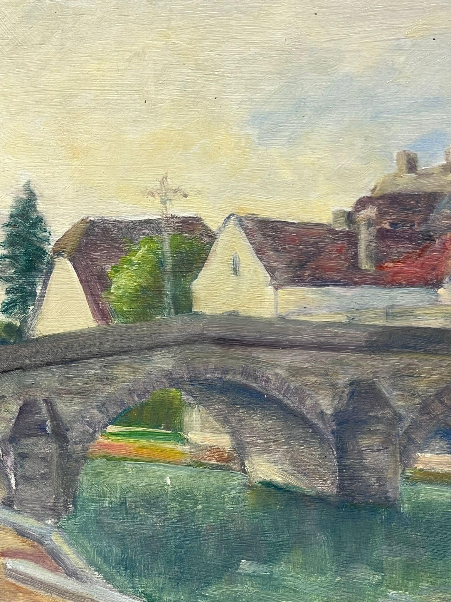 Mid 20th Century 1950's French Oil Old French Town with Arched Stone Bridge - Post-Impressionist Painting by Regine David