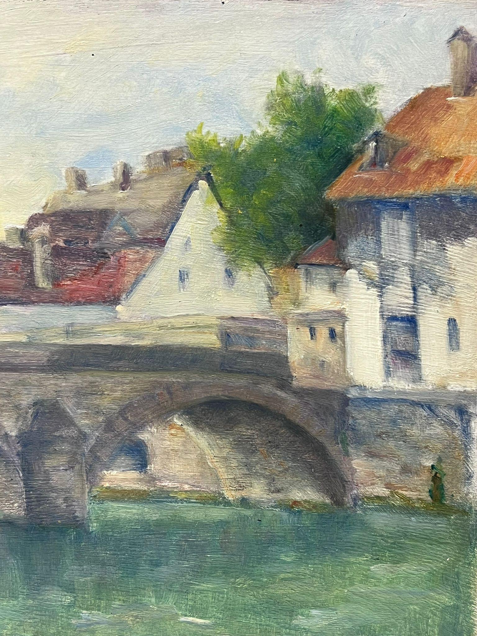 Mid 20th Century 1950's French Oil Old French Town with Arched Stone Bridge - Gray Landscape Painting by Regine David