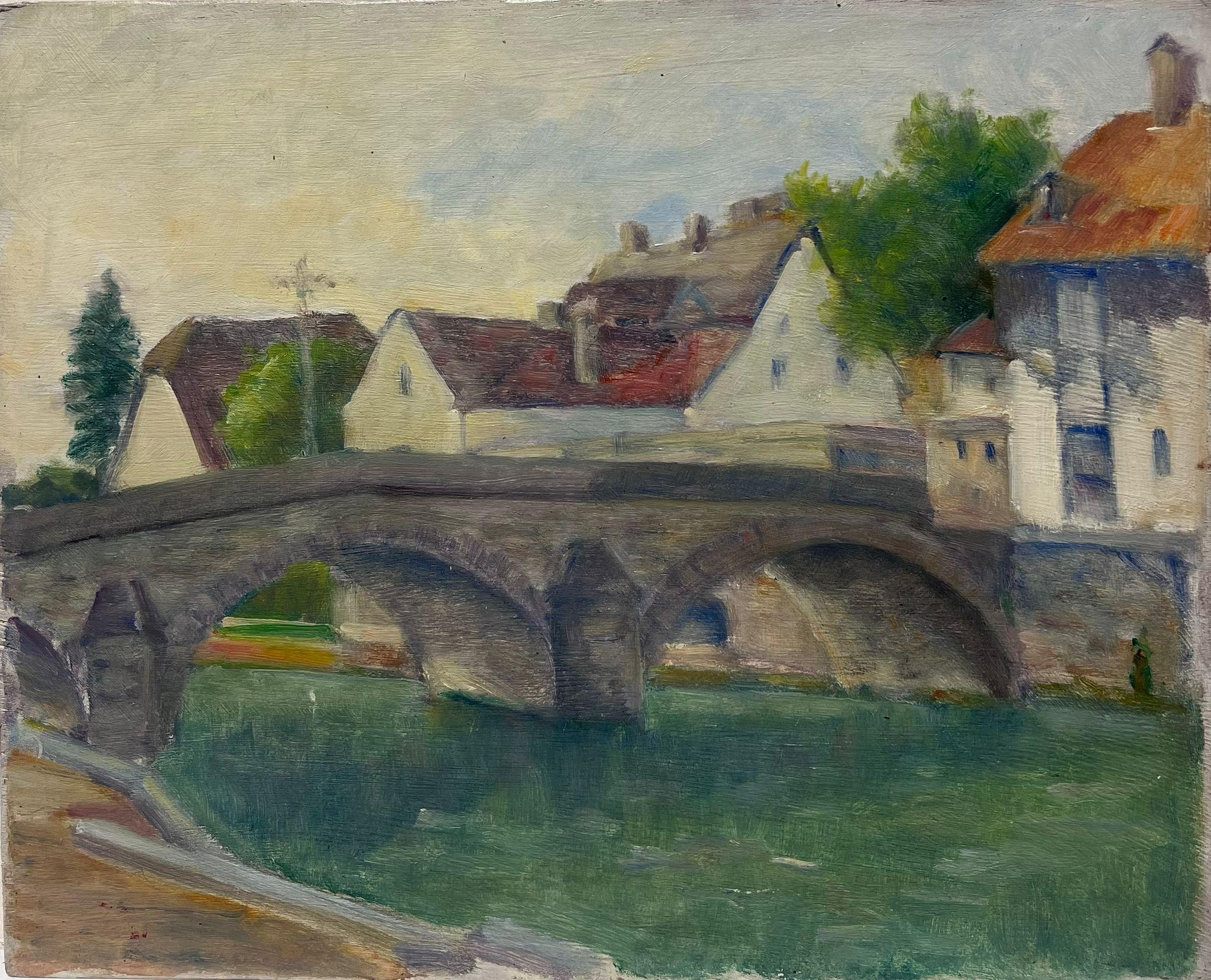 Regine David Landscape Painting - Mid 20th Century 1950's French Oil Old French Town with Arched Stone Bridge