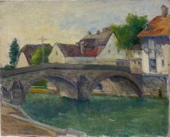 Mid 20th Century 1950's French Oil Old French Town with Arched Stone Bridge