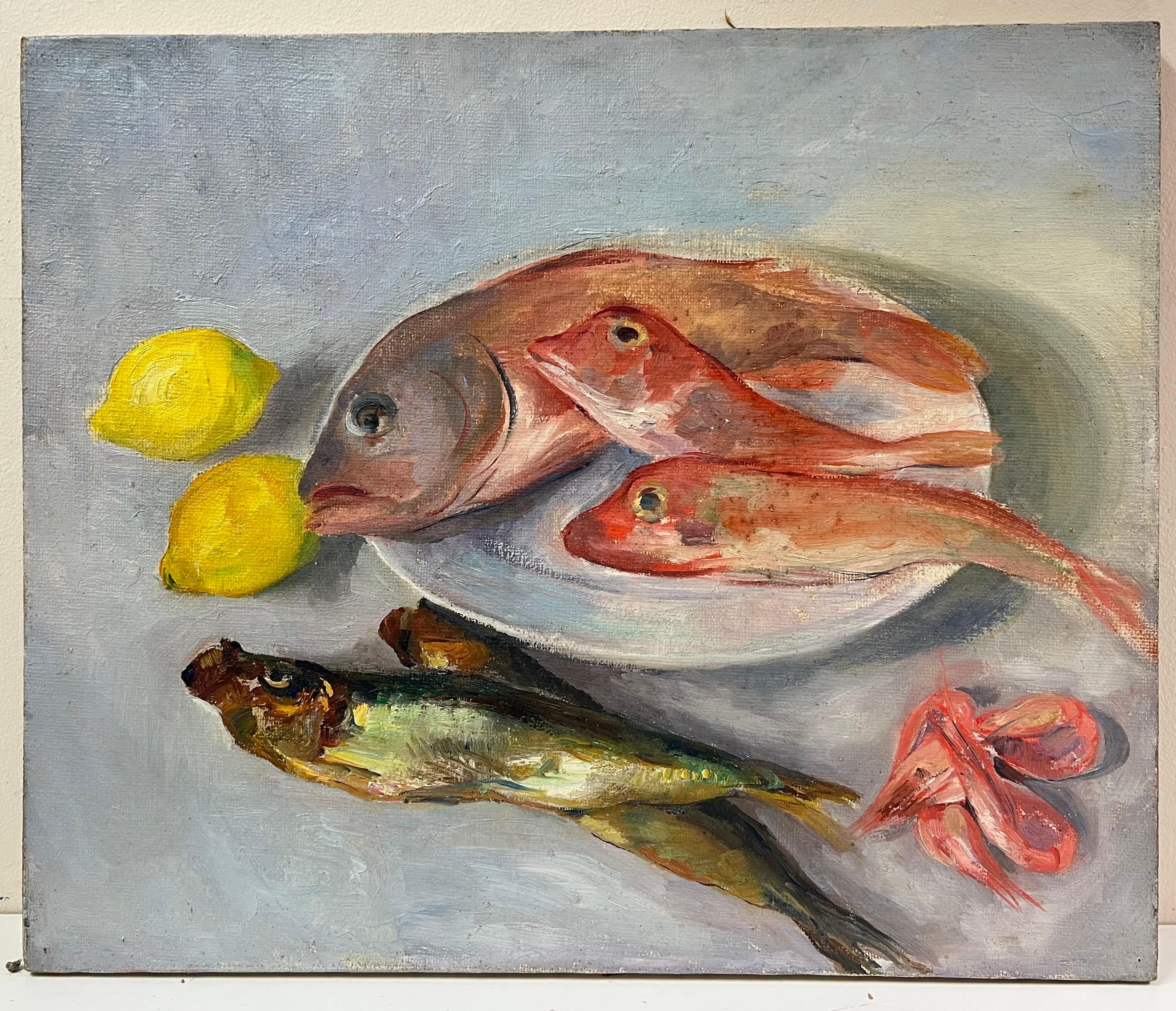 Mid 20th Century 1950s French Oil Still Life Pink Fish & Lemons on Plate - Painting by Regine David