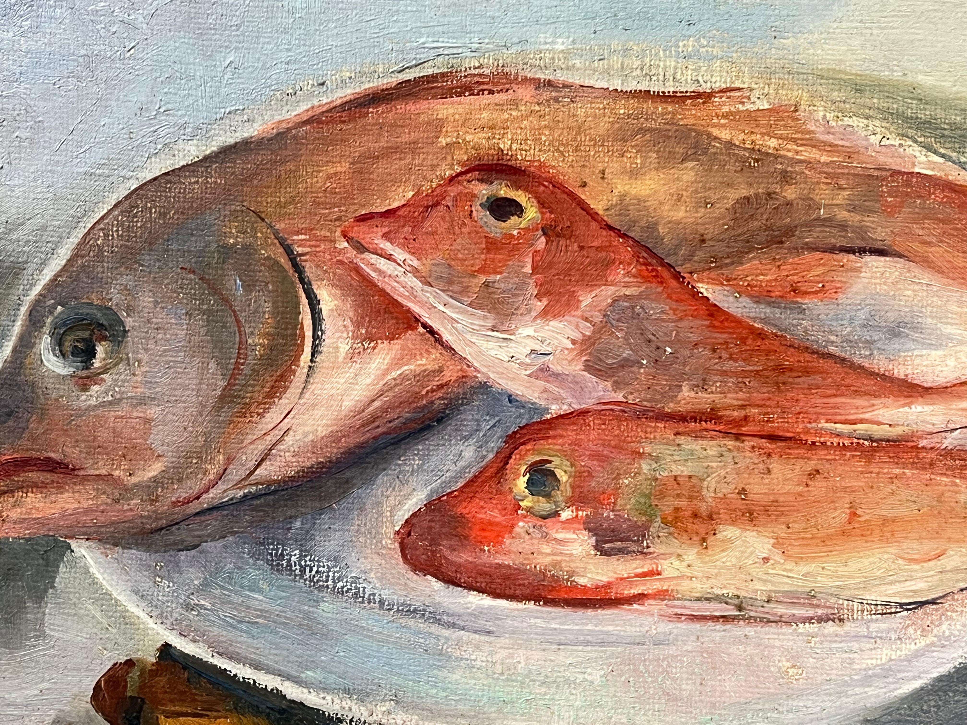 Mid 20th Century 1950s French Oil Still Life Pink Fish & Lemons on Plate - Post-Impressionist Painting by Regine David