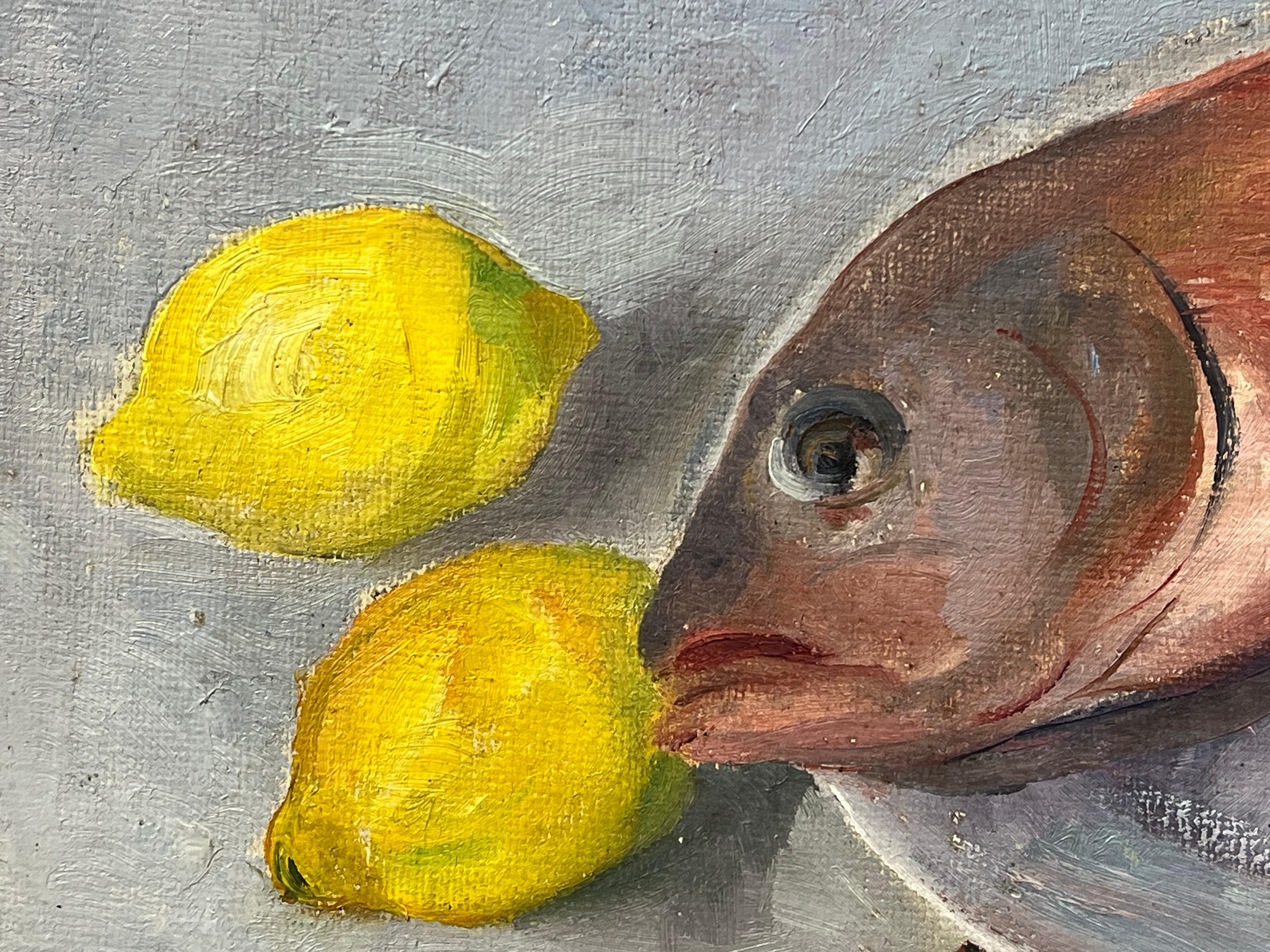 Mid 20th Century 1950s French Oil Still Life Pink Fish & Lemons on Plate - Brown Interior Painting by Regine David