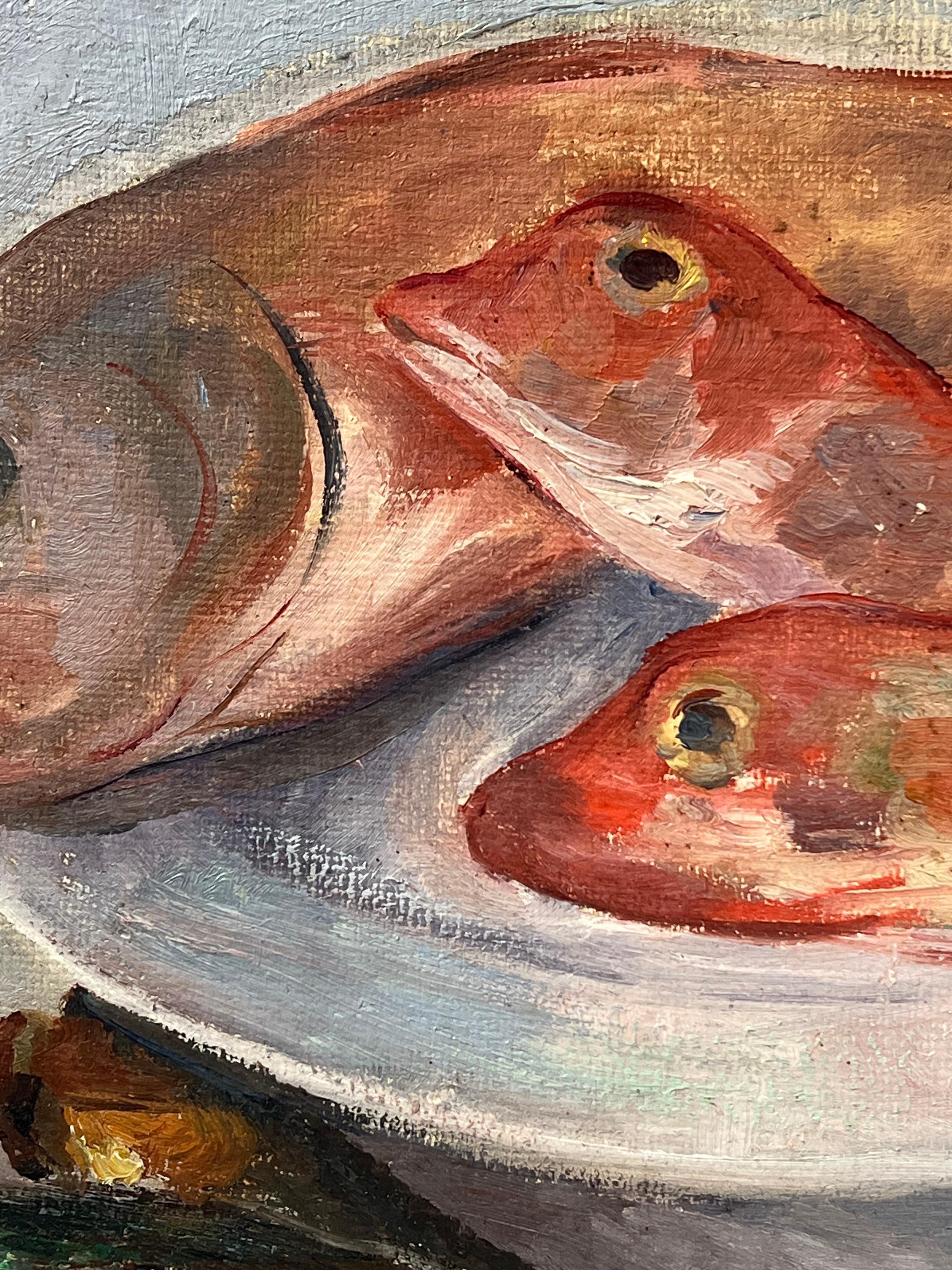 Still Life of Fish (see notes below)
by Regine David (female French artist, 1910-2018)
oil painting on canvas, unframed
canvas: 20 x 24 inches
condition: This painting is in very good condition, with vibrant colors and well-preserved details. The