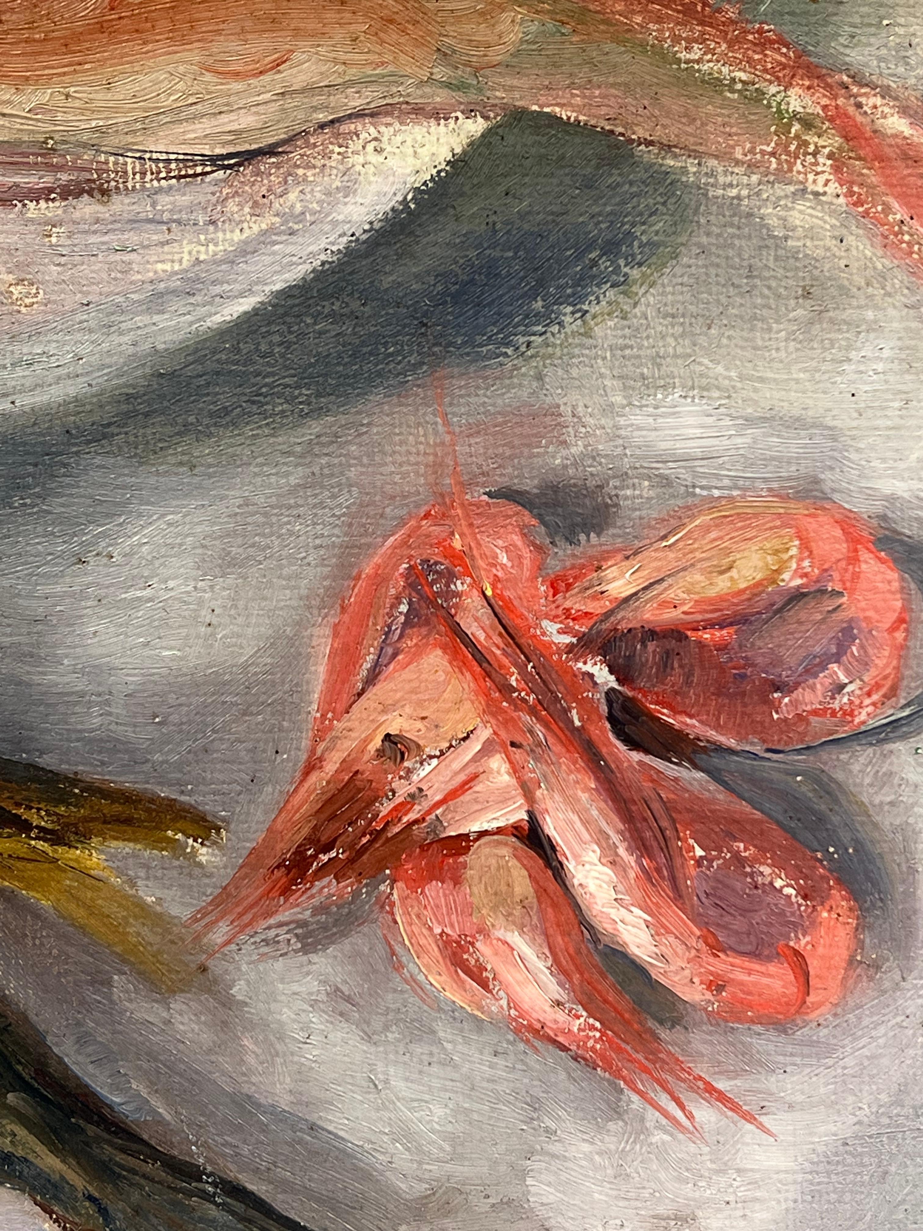 Mid 20th Century 1950s French Oil Still Life Pink Fish & Lemons on Plate For Sale 1