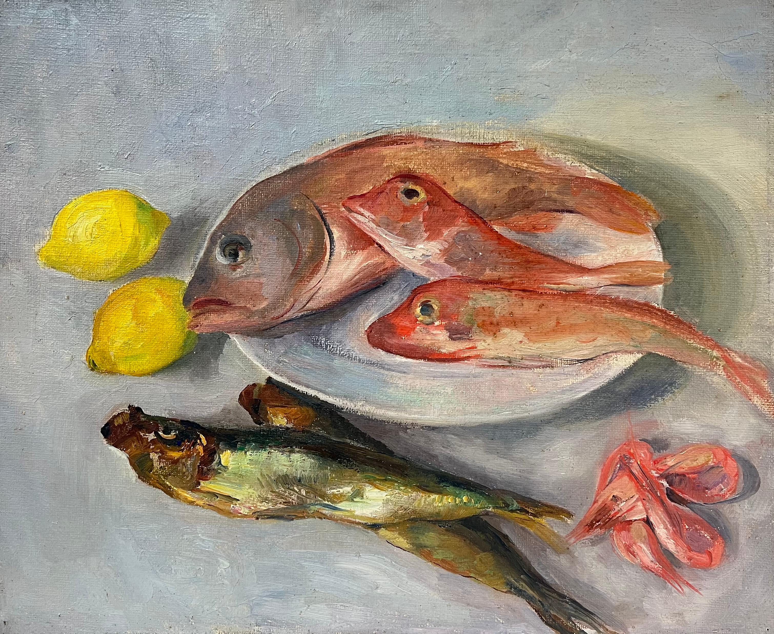 Regine David Interior Painting - Mid 20th Century 1950s French Oil Still Life Pink Fish & Lemons on Plate