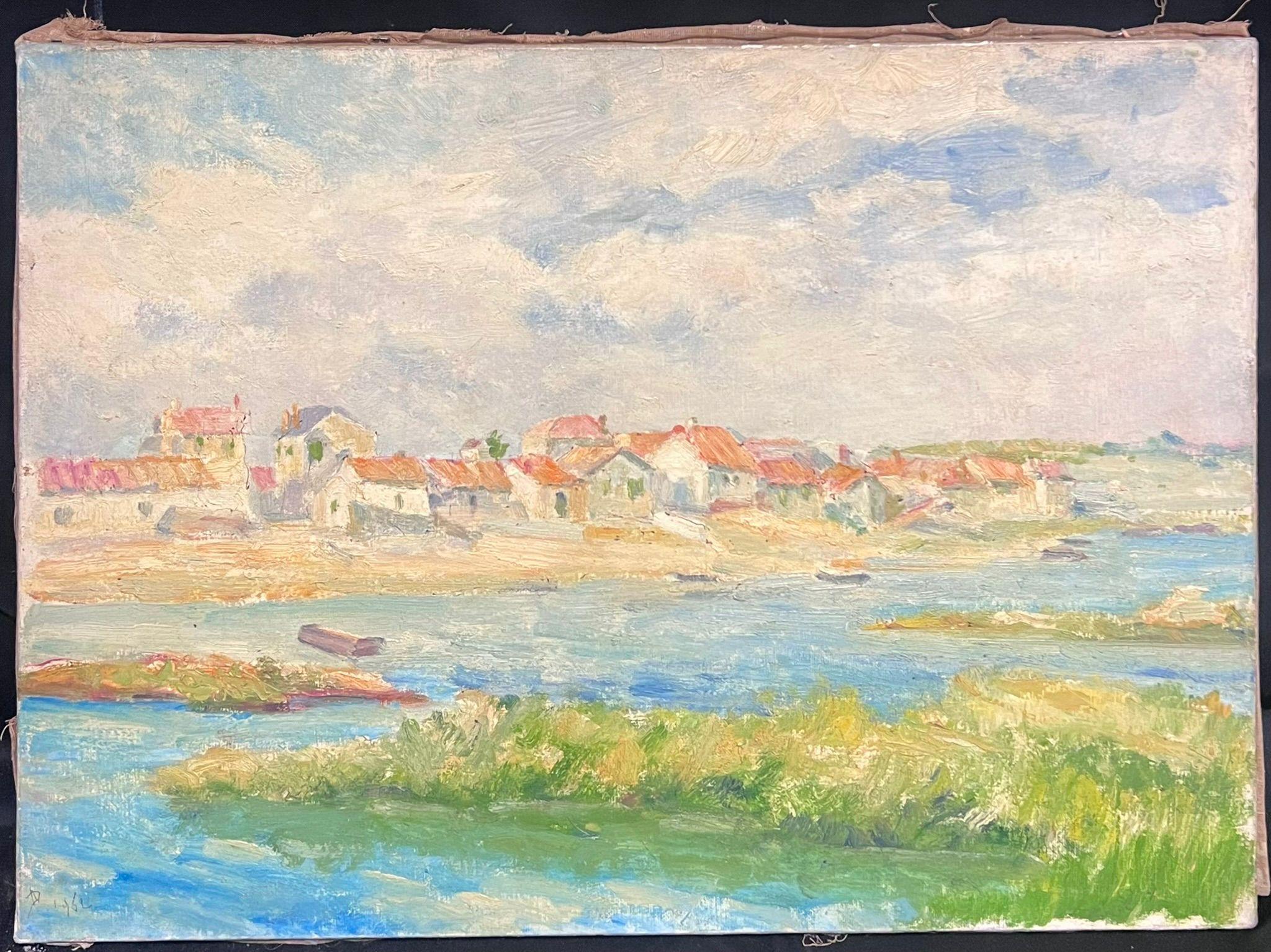 Mediados del siglo XX Años 50 Óleo francés postimpresionista Estuario costero y casas - Painting de Regine David