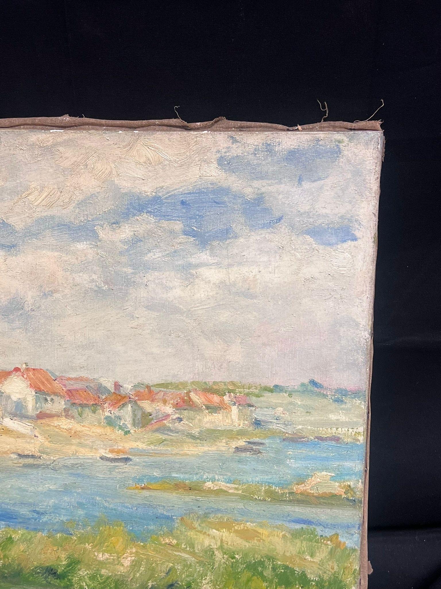 Mediados del siglo XX Años 50 Óleo francés postimpresionista Estuario costero y casas - Painting Posimpresionista de Regine David