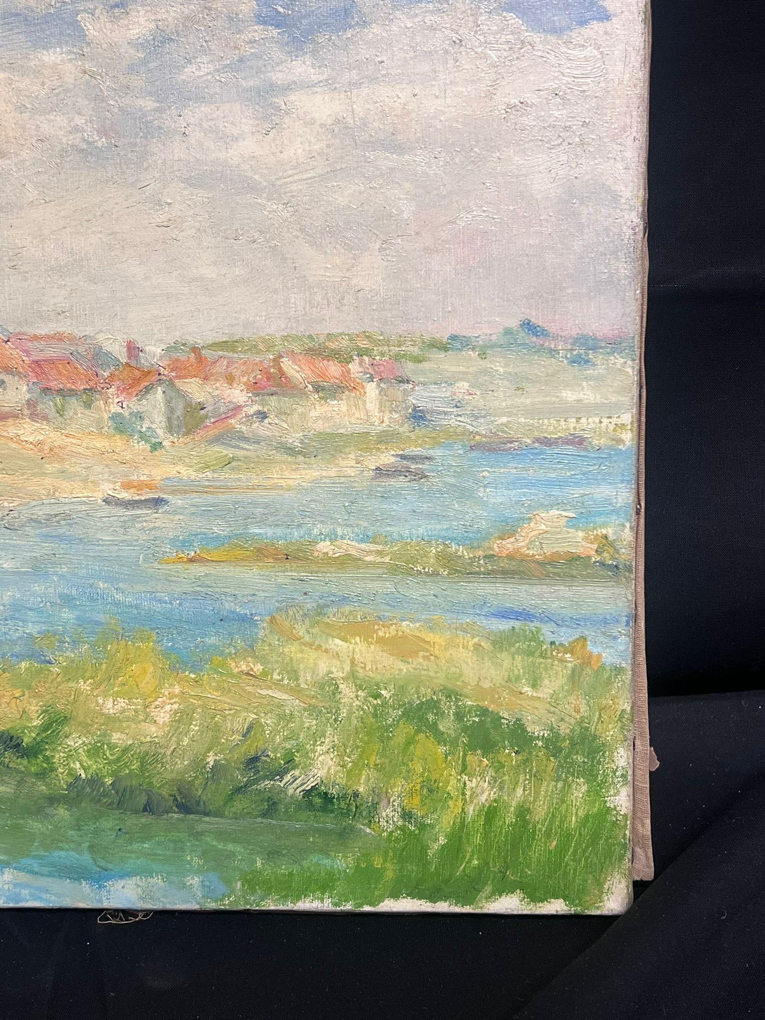 Mediados del siglo XX Años 50 Óleo francés postimpresionista Estuario costero y casas 1