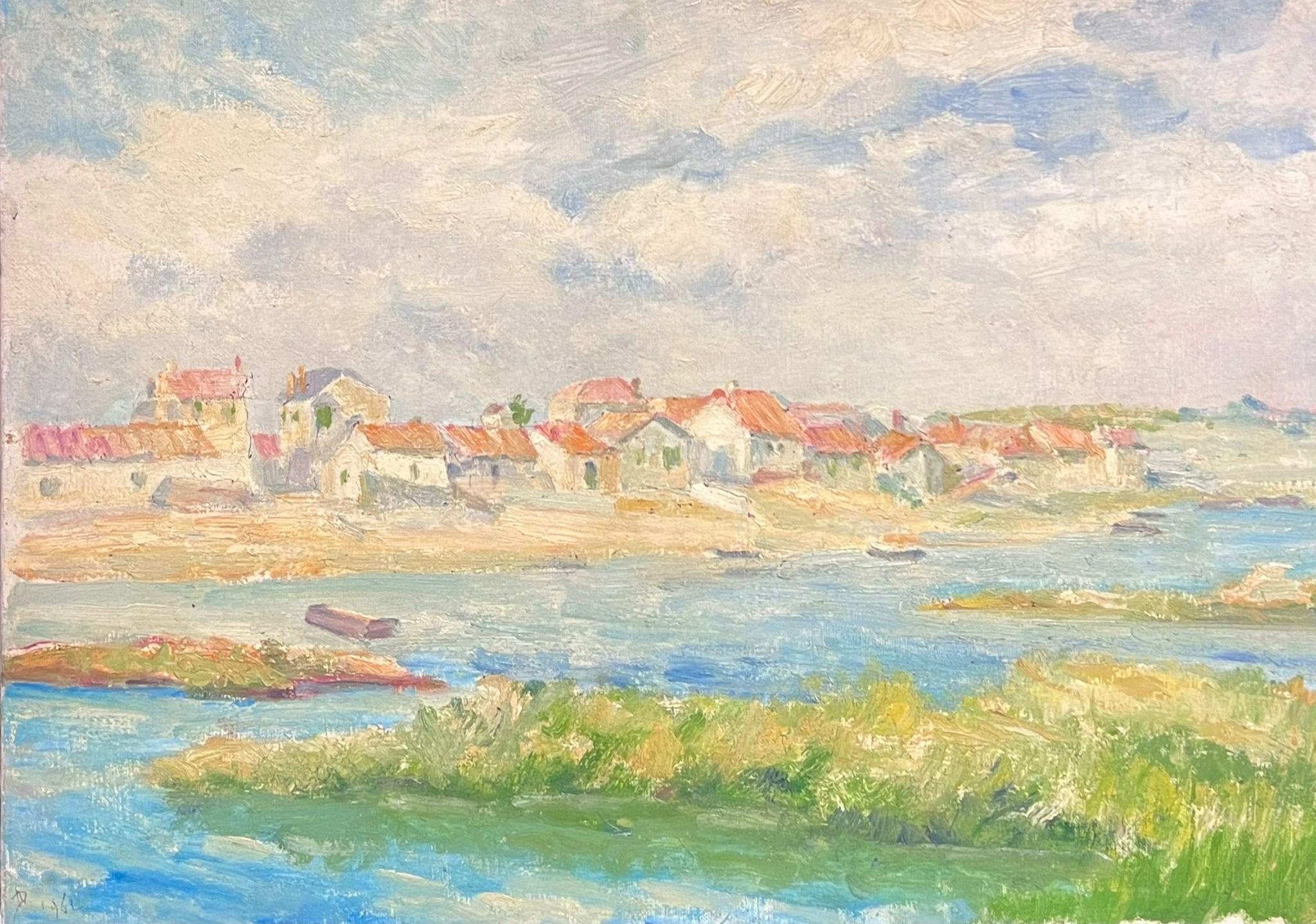 Huile Post-Impressionniste Française du milieu du 20ème siècle des années 50 Estuaire côtier et maisons
