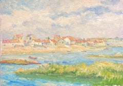 Olio Post-Impressionista Francese della metà del 20° secolo con estuario e case costiere