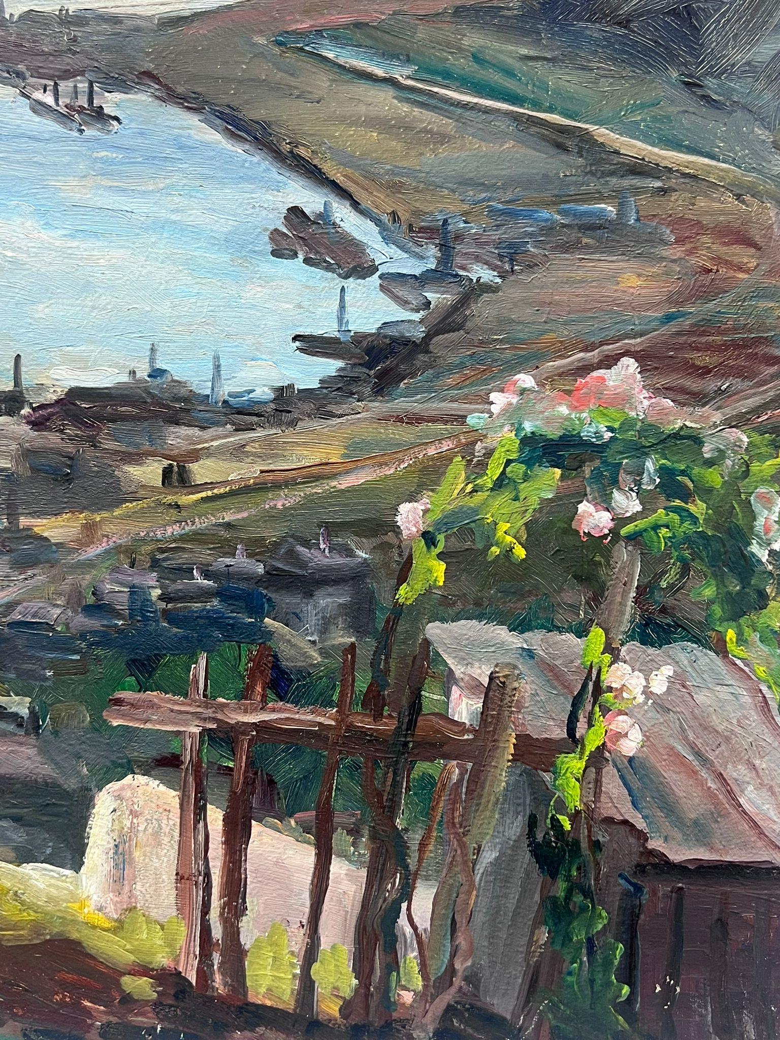 Mitte des 20. Jahrhunderts 1950er Jahre Französisch Post-Impressionist Oil Coastal Inlet Estuary (Grau), Landscape Painting, von Regine David