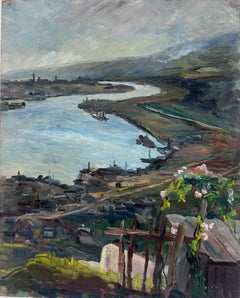 Mediados del siglo XX Años 50 Óleo francés postimpresionista Estuario costero de la ensenada