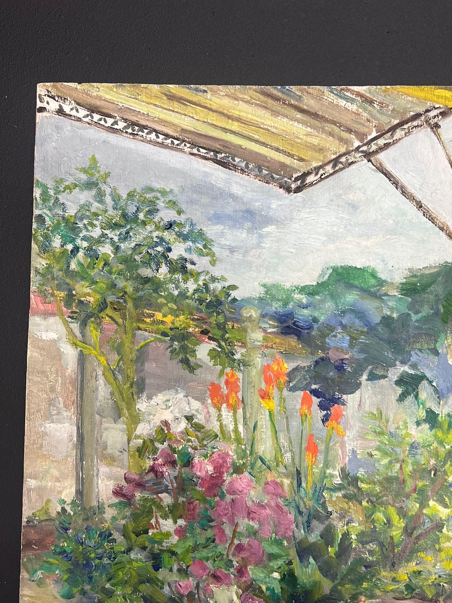 Mid 20th Century 1950's French Post-Impressionist Oil Flower Garden Terrace - Brown Landscape Painting by Regine David