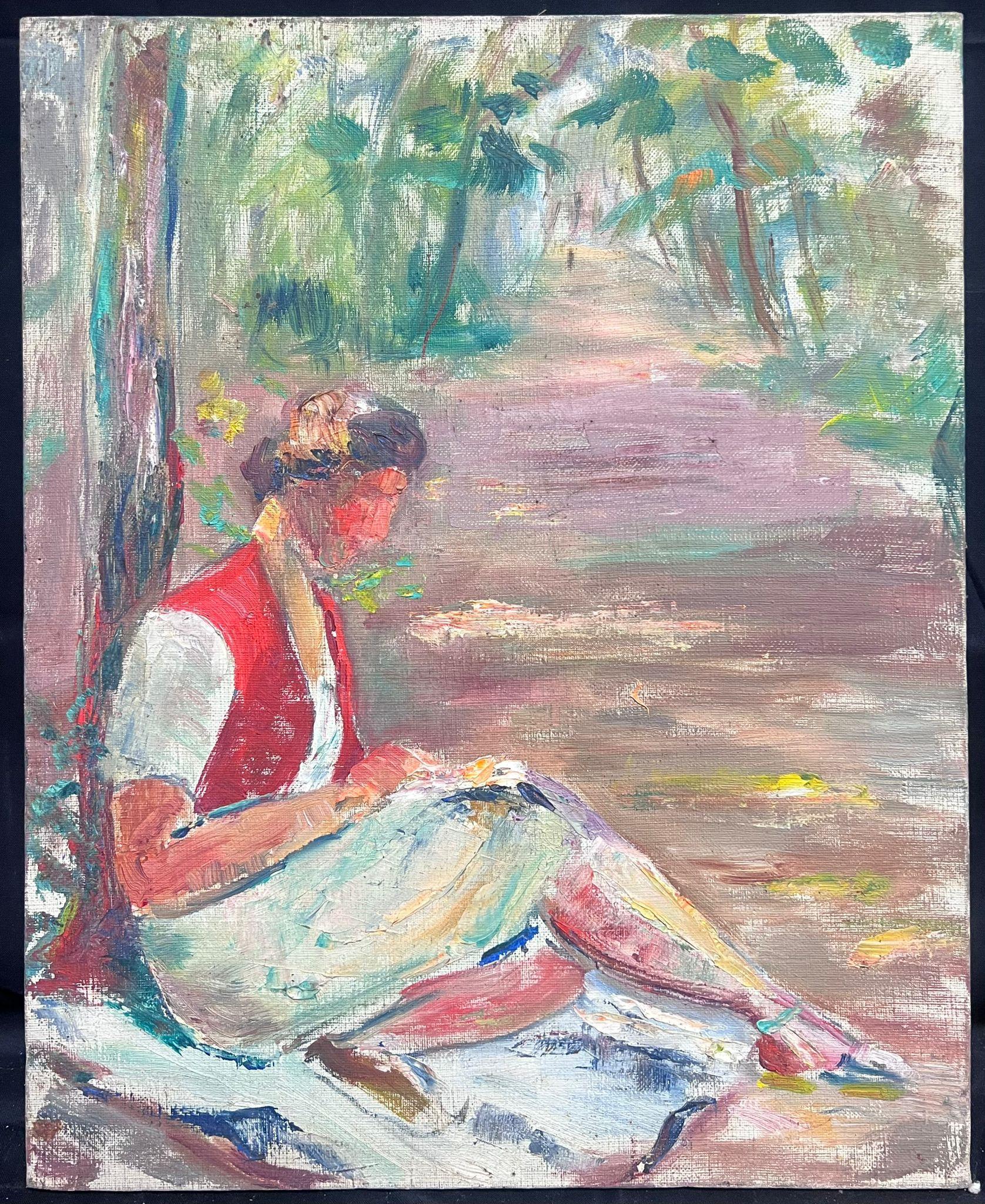 Mitte des 20. Jahrhunderts 1950er Jahre Französisch Post-Impressionist Öl Mädchen Lesen in Wäldern – Painting von Regine David