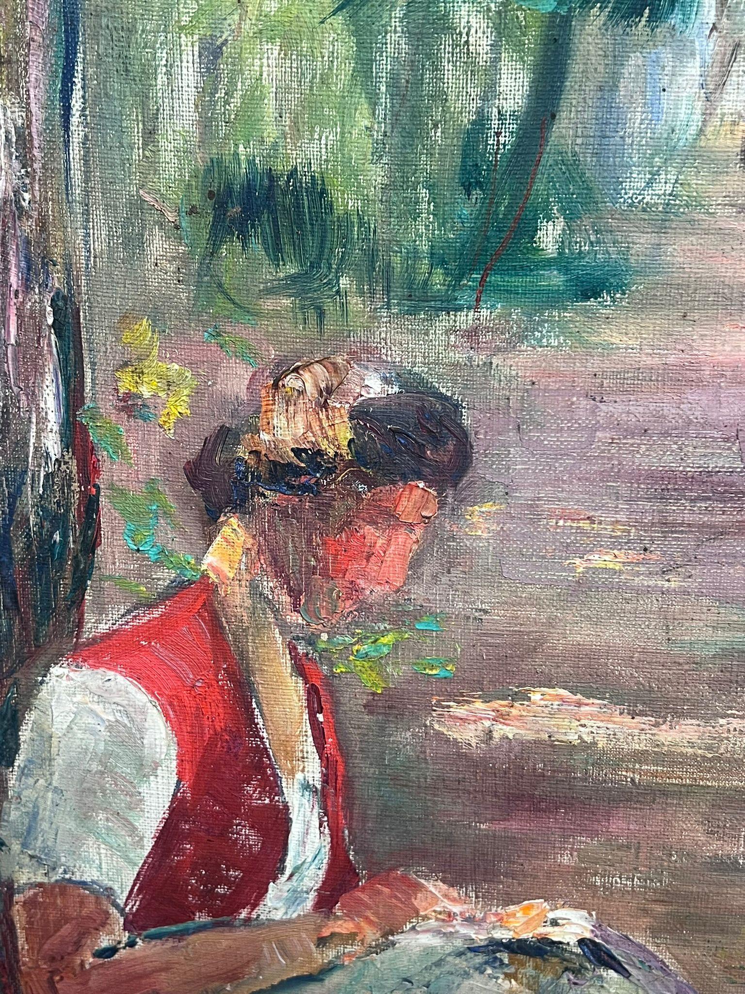 Mitte des 20. Jahrhunderts 1950er Jahre Französisch Post-Impressionist Öl Mädchen Lesen in Wäldern (Grau), Landscape Painting, von Regine David