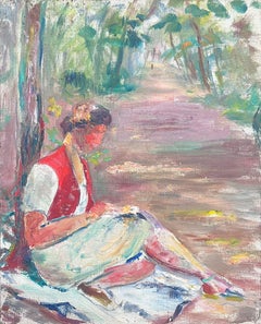 Mediados del siglo XX Años 50 Óleo francés postimpresionista Niña leyendo en el bosque