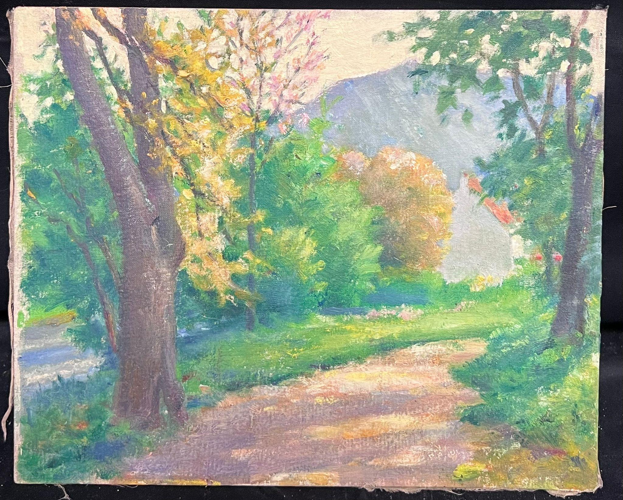 Mid 20th Century 1950's French Post-Impressionist Oil Golden Light Country Lane - Painting by Regine David