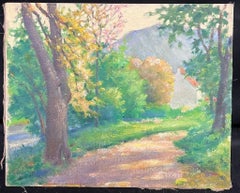 Mediados del siglo XX Años 50 Óleo francés postimpresionista Luz dorada Country Lane