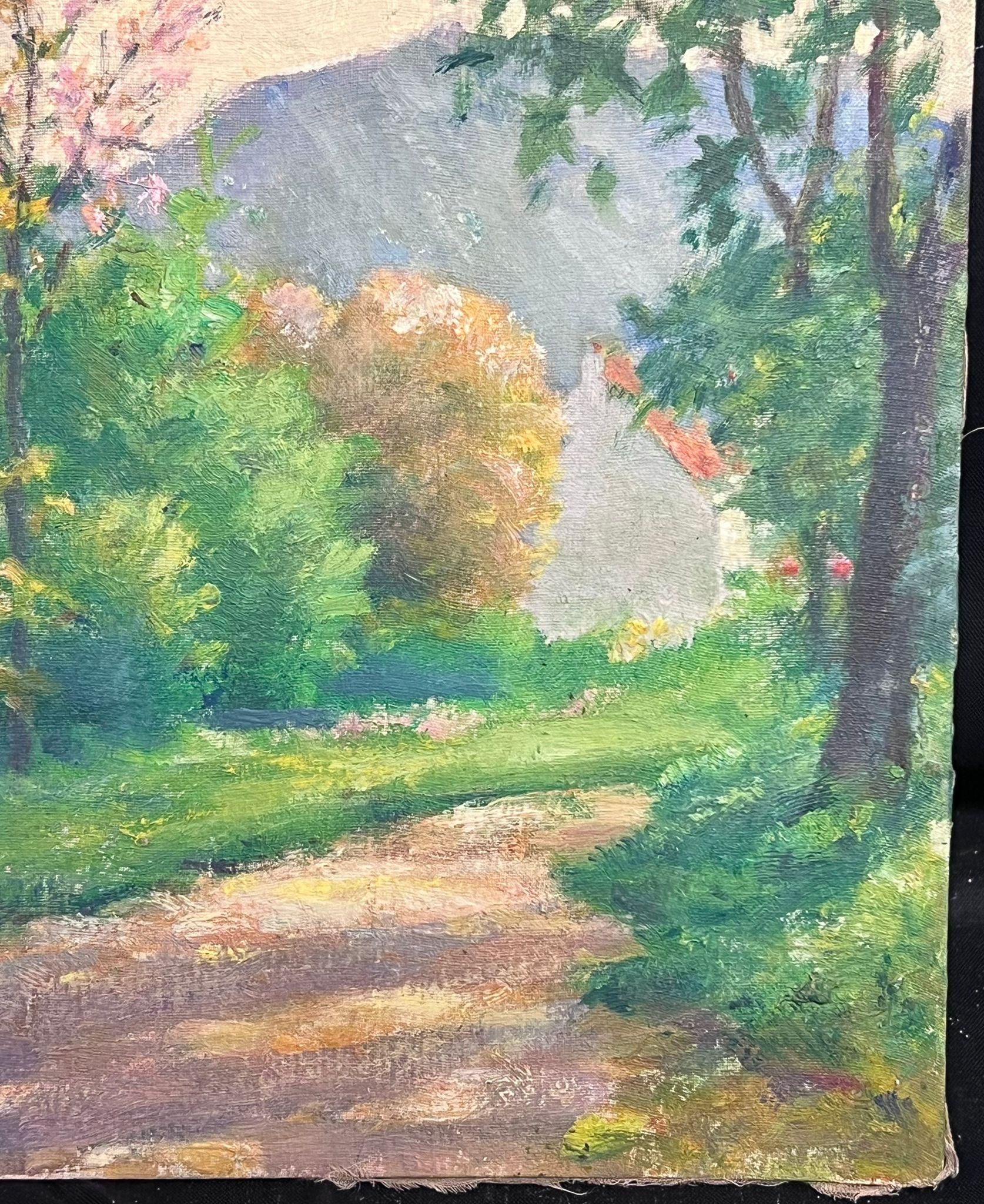 Mid 20th Century 1950's French Post-Impressionist Oil Golden Light Country Lane - Gray Landscape Painting by Regine David
