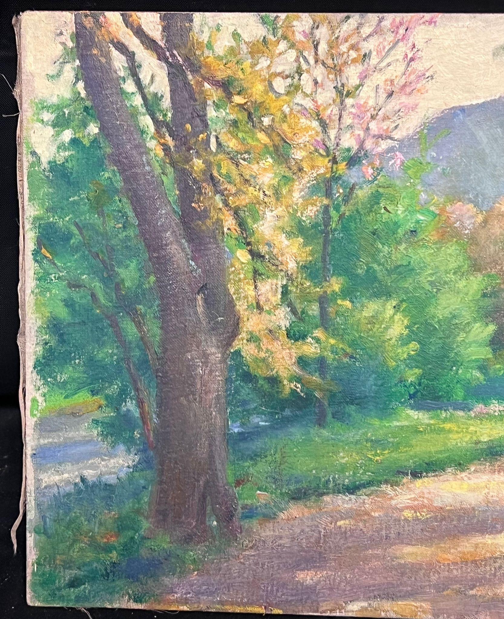 Mid 20th Century 1950's French Post-Impressionist Oil Golden Light Country Lane For Sale 1