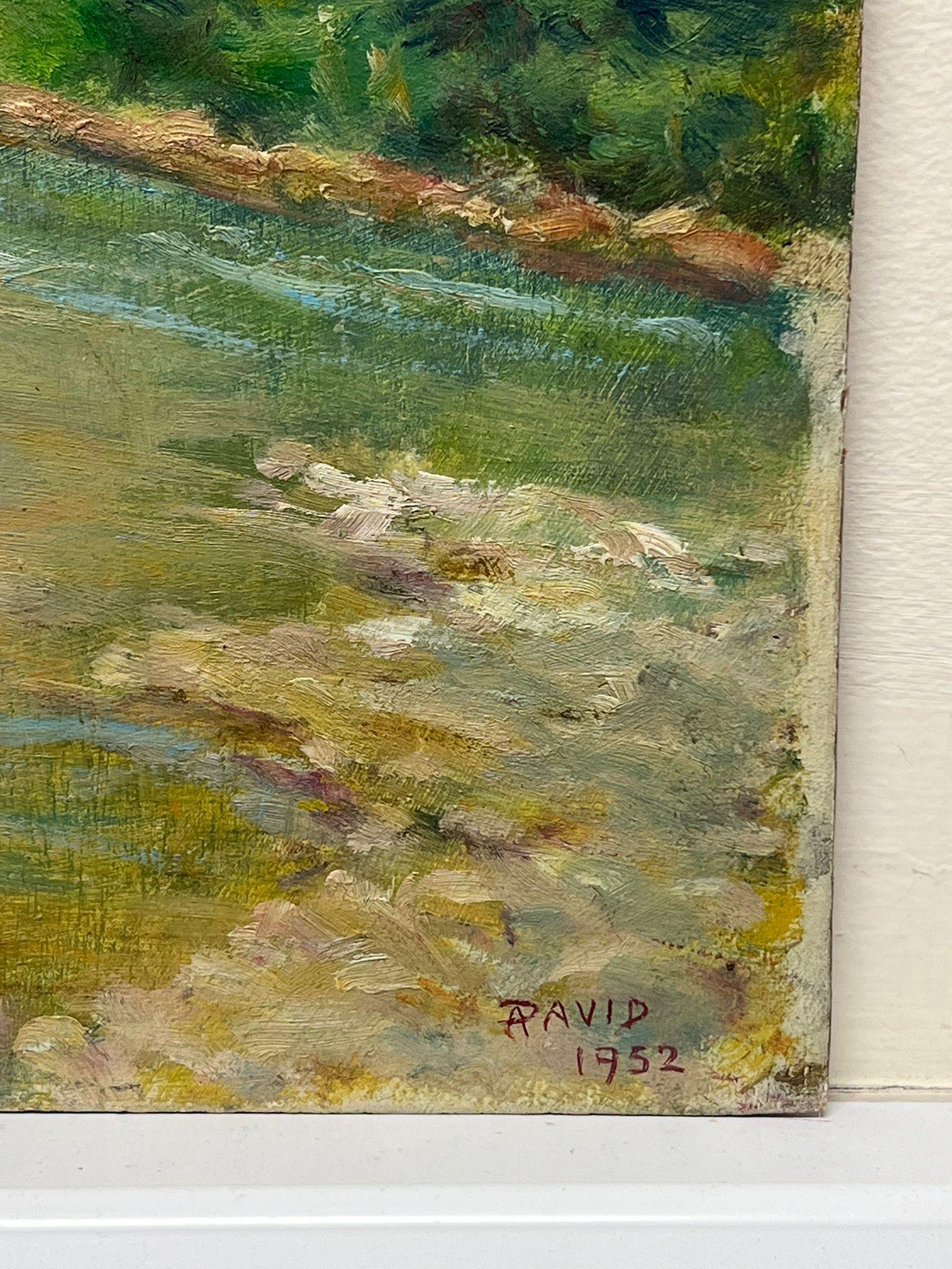 Mediados del siglo XX, década de 1950, óleo francés postimpresionista Paisaje del desfiladero del río Green - Landscape Painting Marrón de Regine David