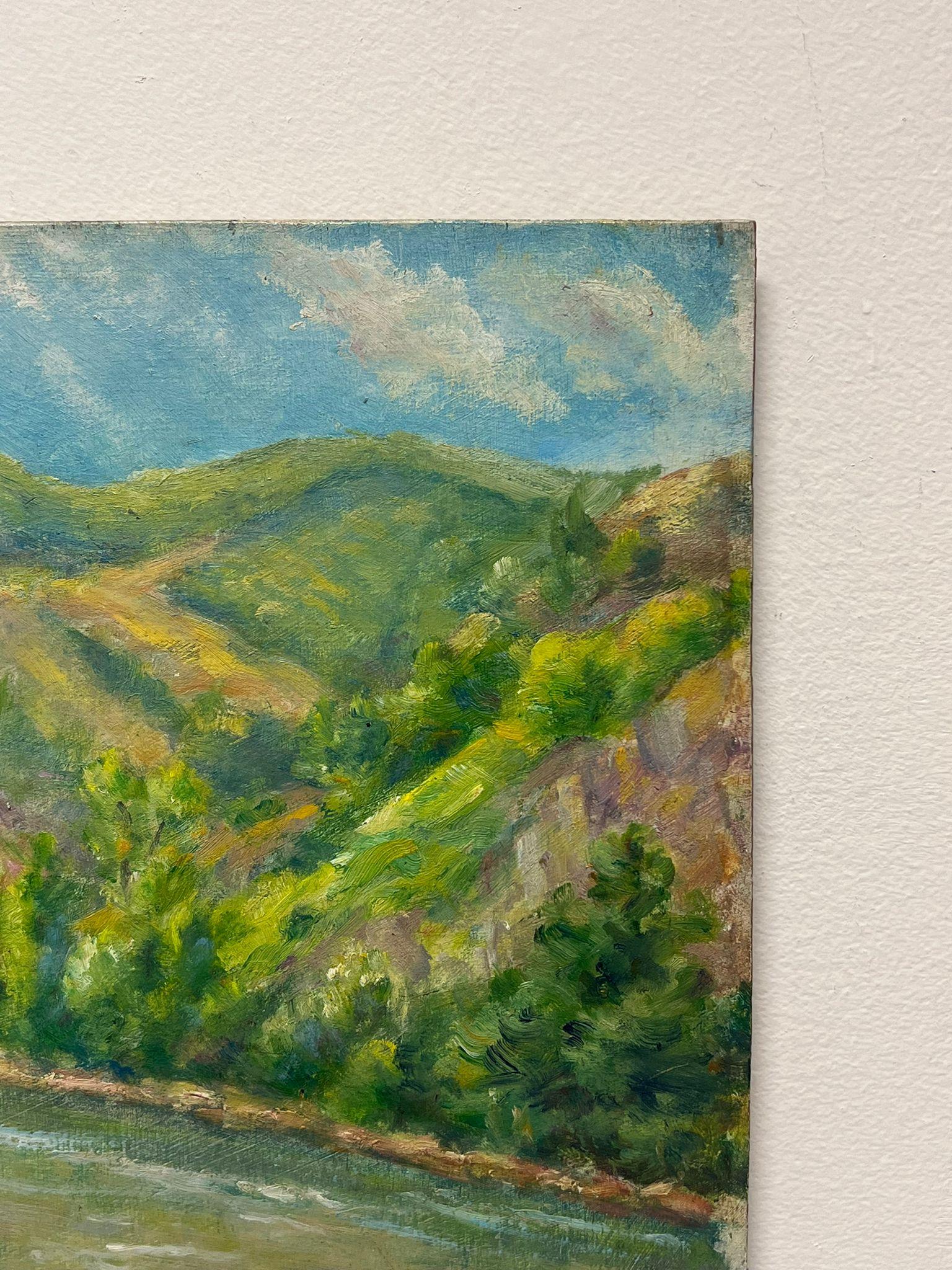 El valle del río Green
firmado por Regine David (artista francesa, 1910-2018)
fechado en 1952
óleo sobre tabla, sin enmarcar
medidas 13 x 16 pulgadas
estado: el cuadro está en muy buen estado y presentable, y sin duda es muy original. Anteriormente