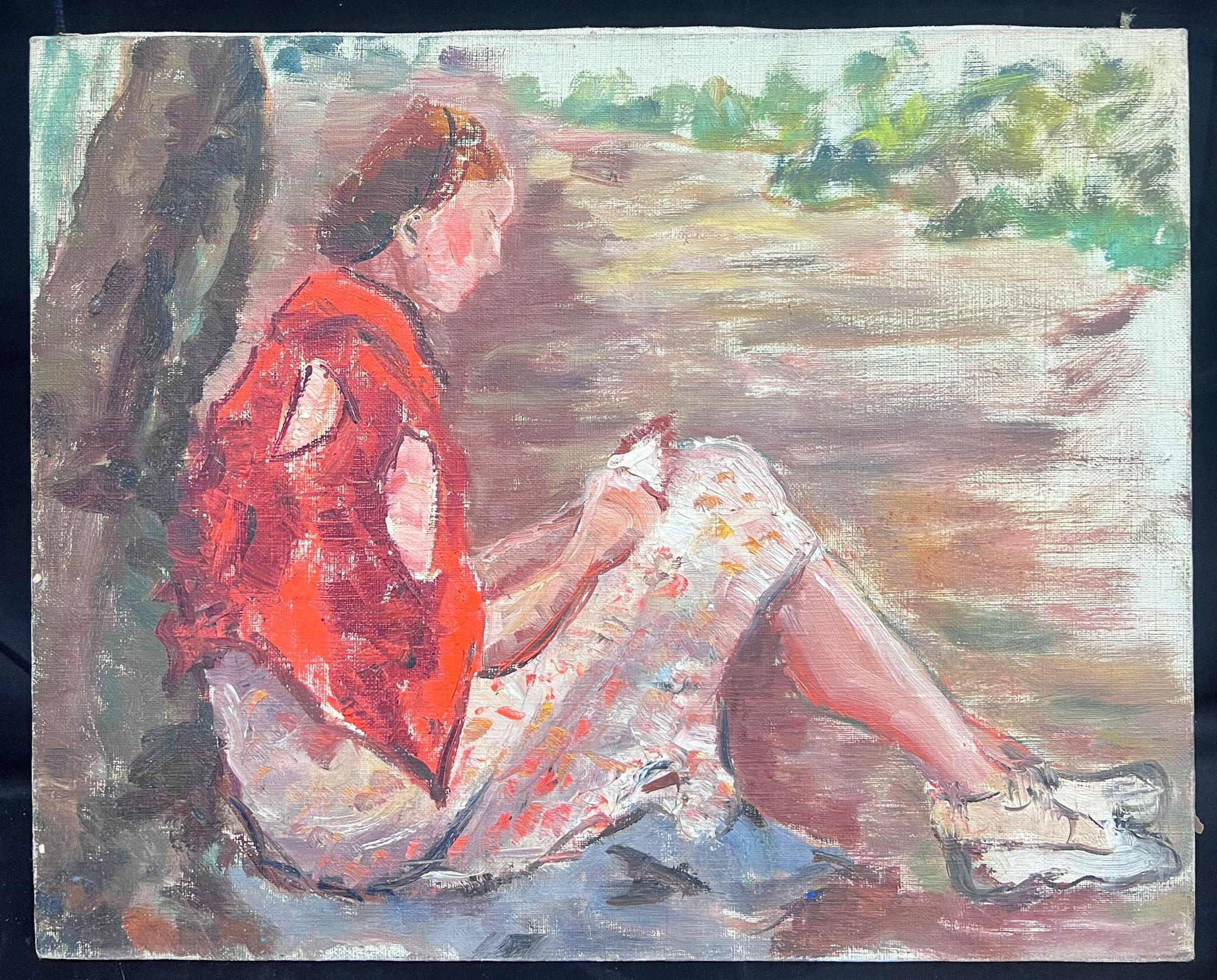 Mid 20th Century 1950's French Post-Impressionist Oil Lady Reading under Tree - Painting by Regine David