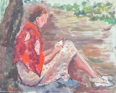 Olio Post-Impressionista Francese della metà del XX secolo: Signora che legge sotto un albero