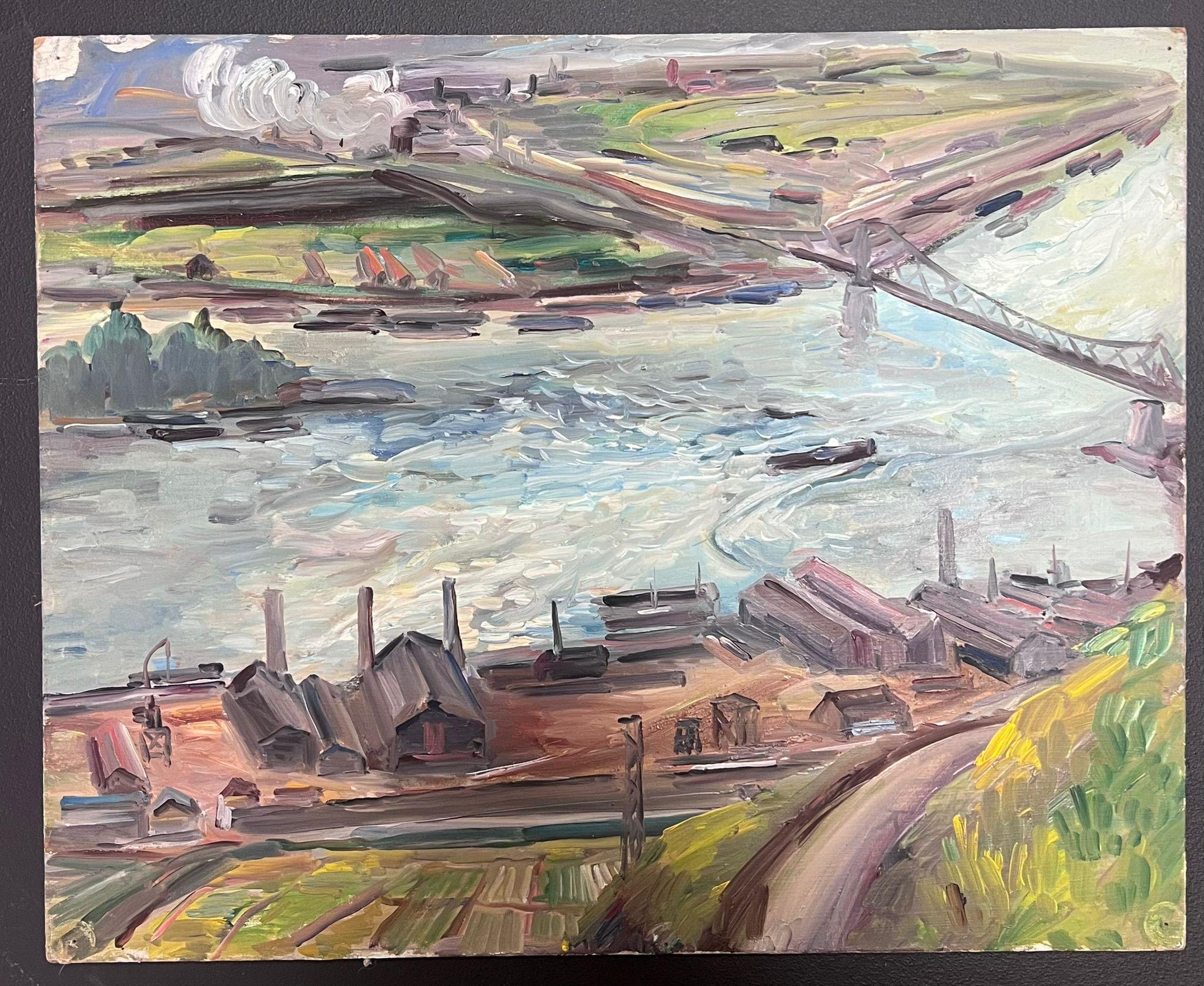 Mitte des 20. Jahrhunderts 1950er Jahre Französisch Post-Impressionist Öl Großer Fluss & Stadt – Painting von Regine David