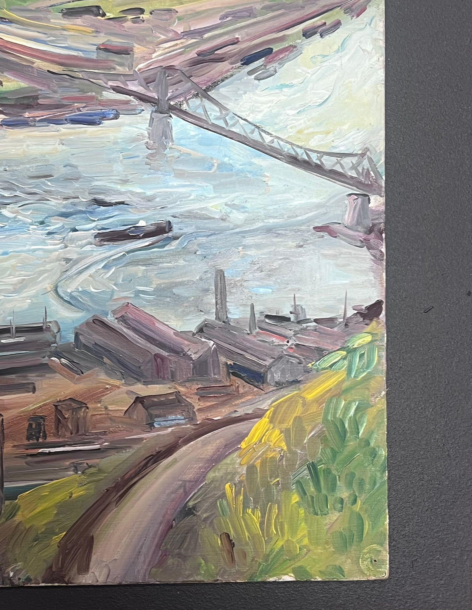 Mitte des 20. Jahrhunderts 1950er Jahre Französisch Post-Impressionist Öl Großer Fluss & Stadt (Post-Impressionismus), Painting, von Regine David