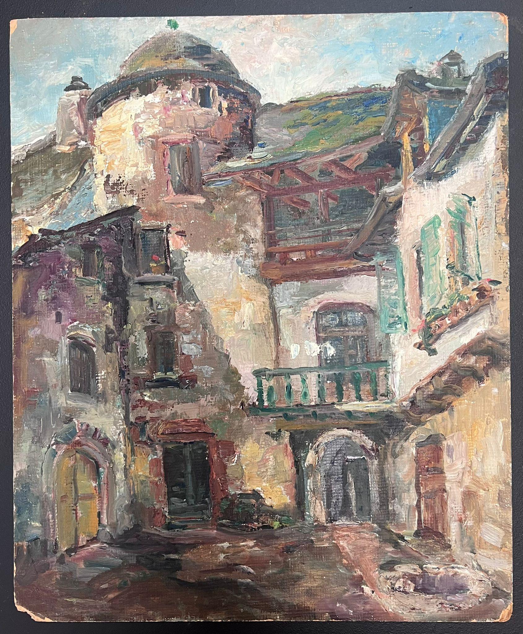 Mediados del siglo XX Años 50 Óleo francés postimpresionista Edificios de ciudades medievales - Painting de Regine David