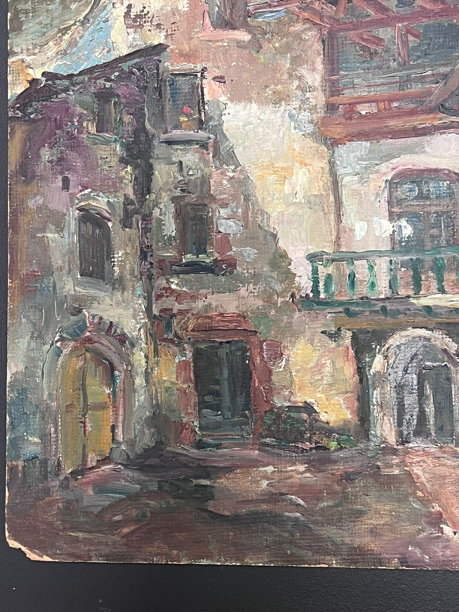 Mediados del siglo XX Años 50 Óleo francés postimpresionista Edificios de ciudades medievales - Painting Posimpresionista de Regine David