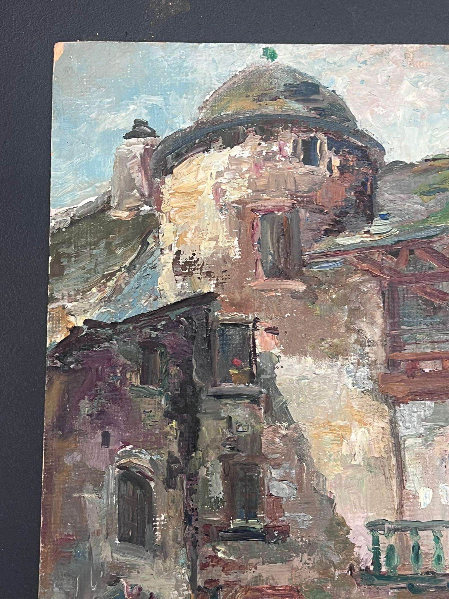 Mediados del siglo XX Años 50 Óleo francés postimpresionista Edificios de ciudades medievales - Landscape Painting Gris de Regine David