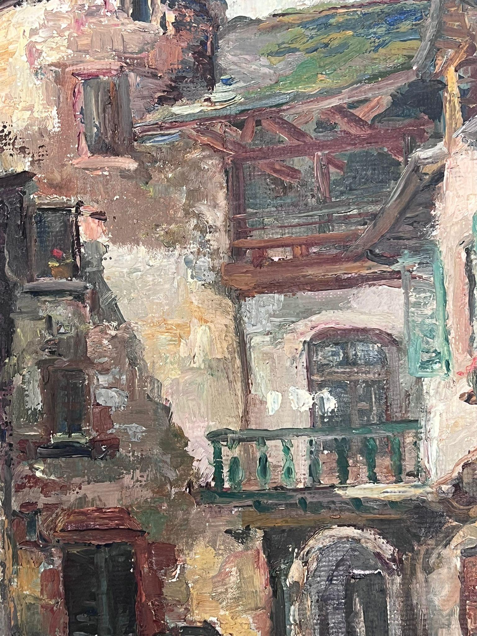 Mediados del siglo XX Años 50 Óleo francés postimpresionista Edificios de ciudades medievales en venta 1