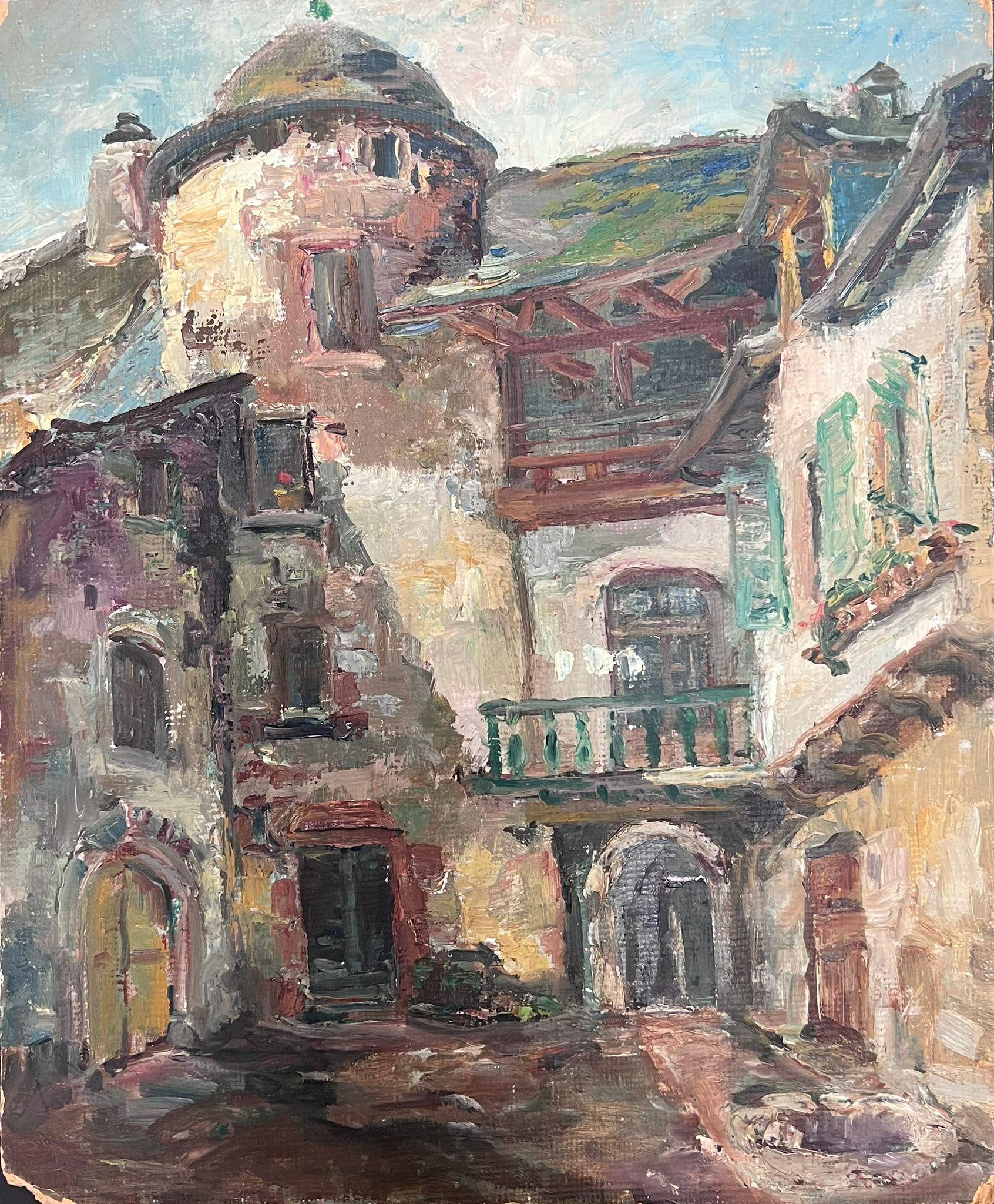 Landscape Painting de Regine David - Mediados del siglo XX Años 50 Óleo francés postimpresionista Edificios de ciudades medievales