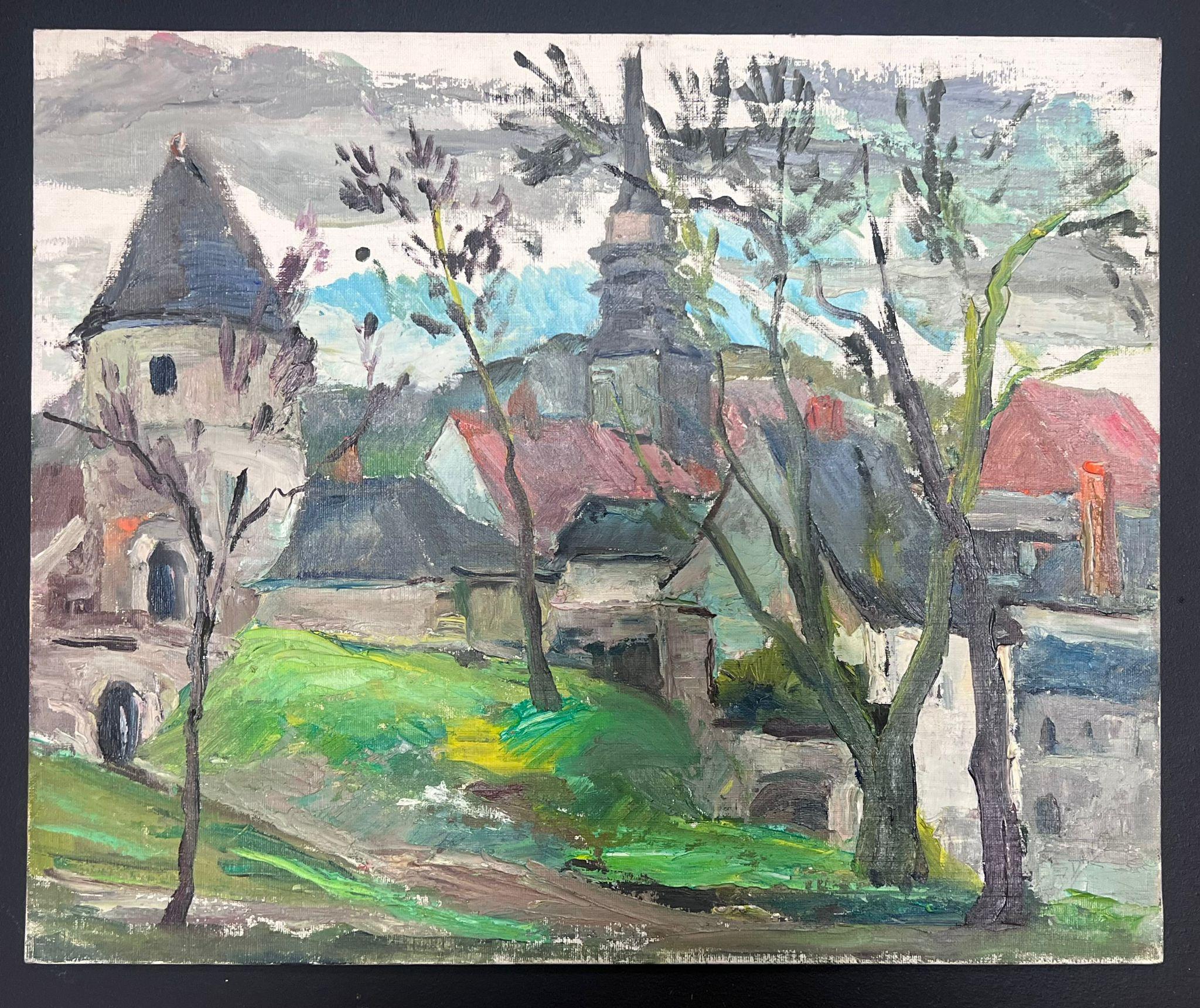 Mid 20th Century 1950's French Post-Impressionist Oil Old French Town Church - Painting by Regine David