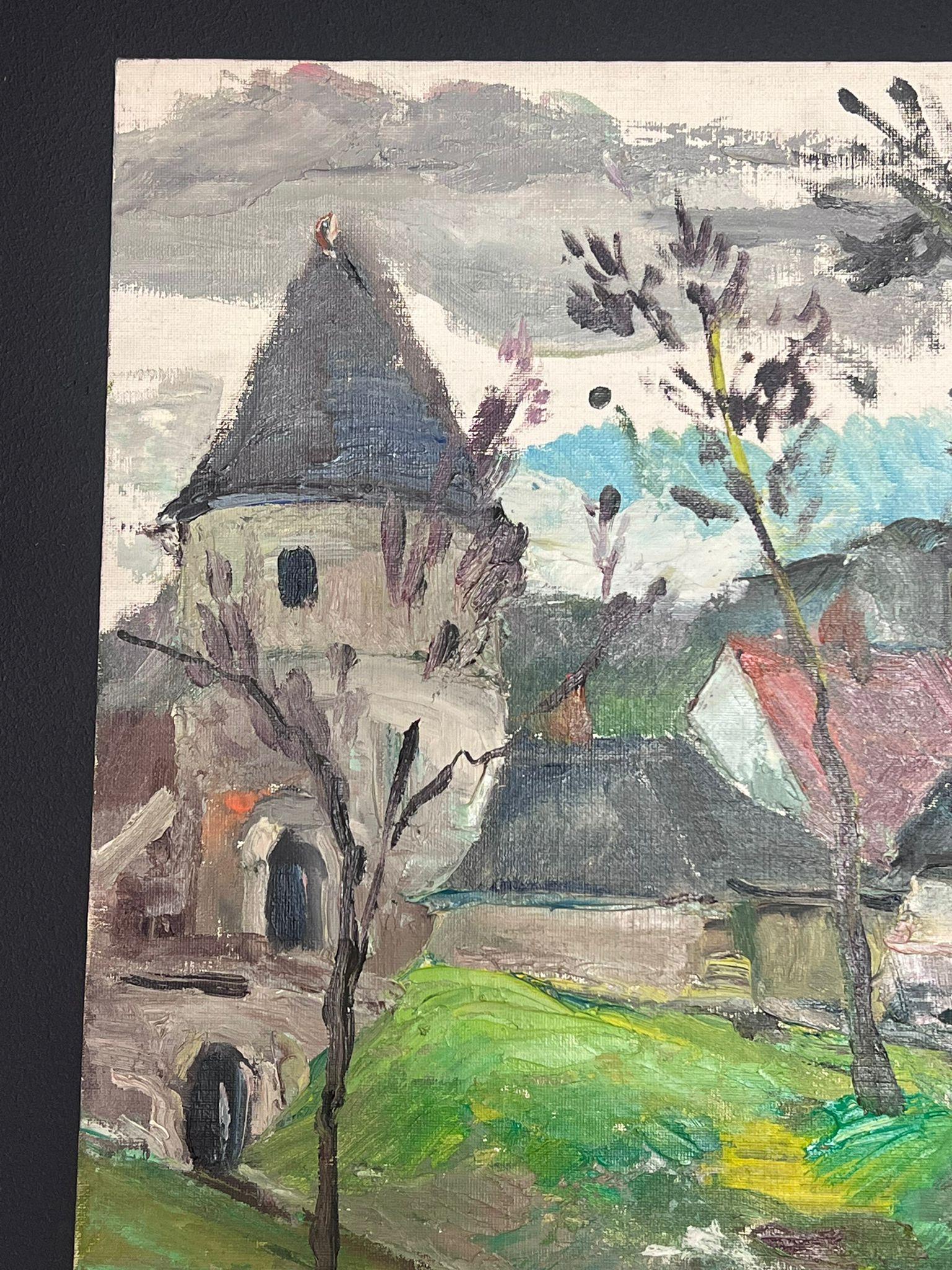 Mid 20th Century 1950's French Post-Impressionist Oil Old French Town Church - Gray Landscape Painting by Regine David